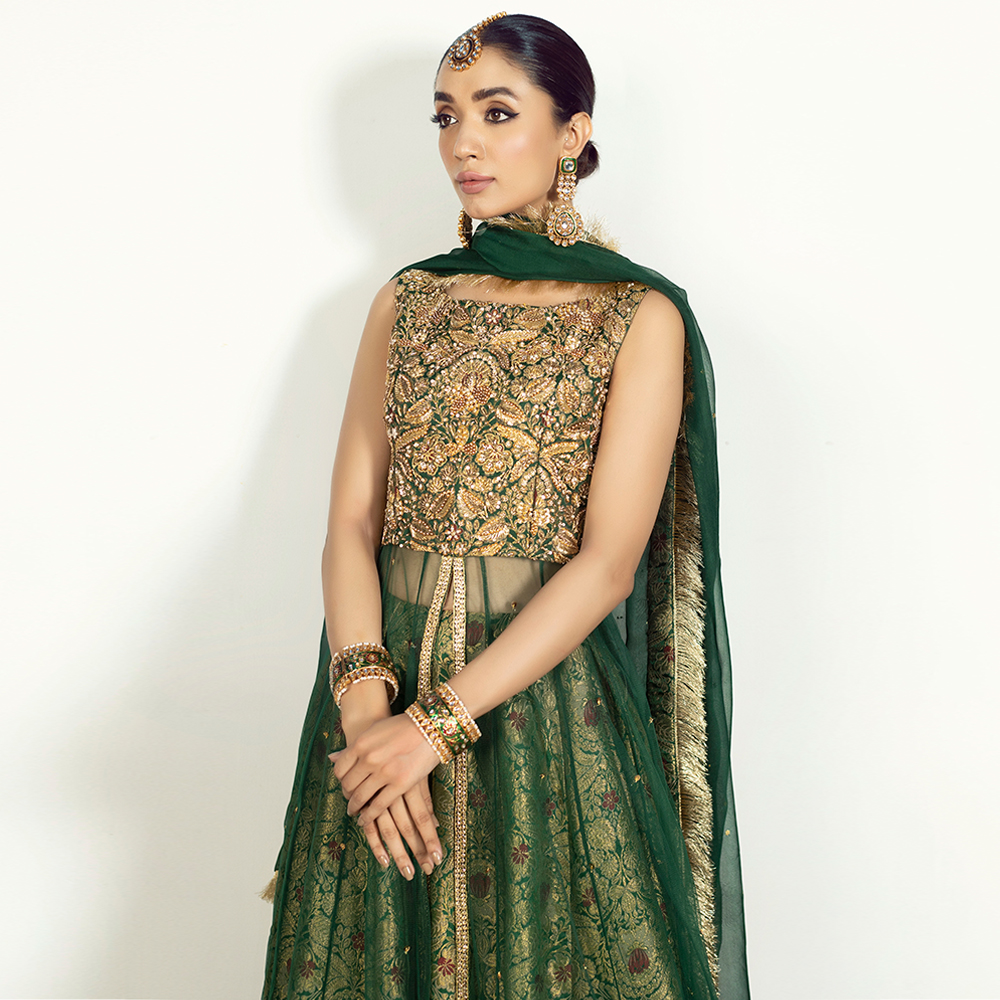 Pakistani Emerald Zardozi Tulle Pishwas Dress (3-Piece) - Image 2
