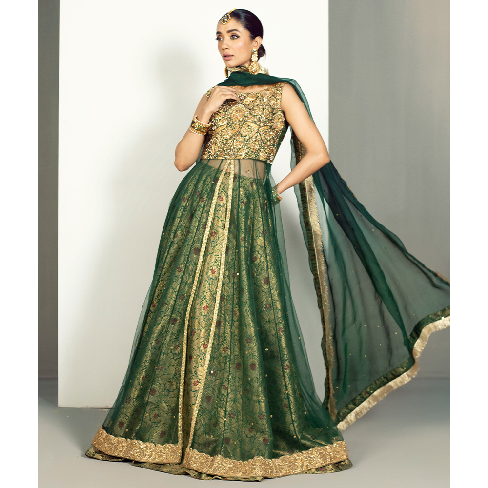Pakistani Emerald Zardozi Tulle Pishwas Dress (3-Piece) - Image 3