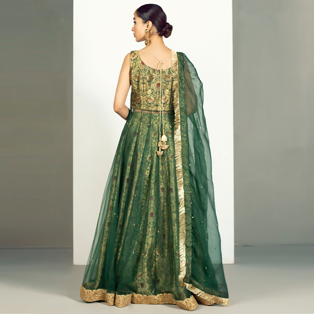 Pakistani Emerald Zardozi Tulle Pishwas Dress (3-Piece) - Image 4