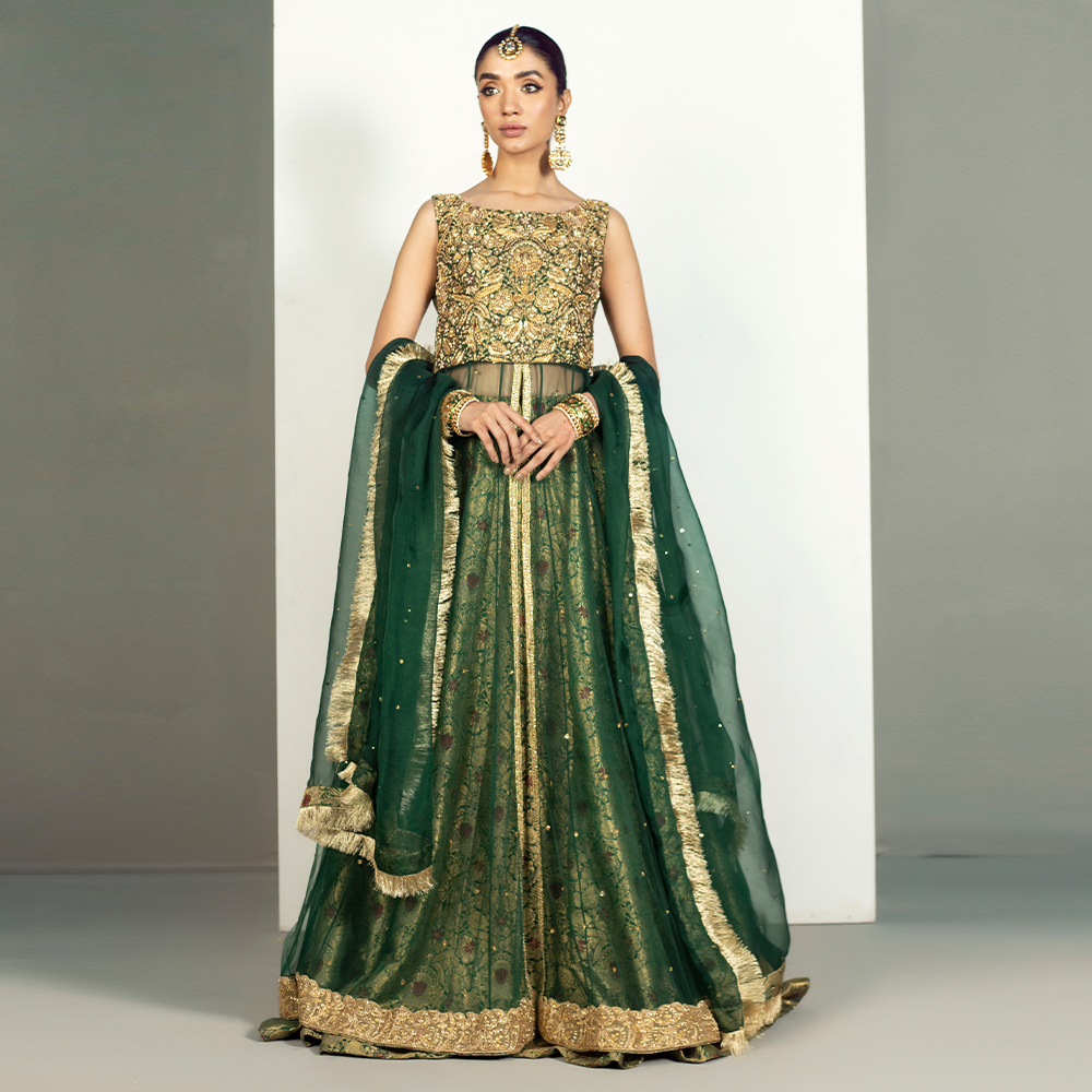 Pakistani Emerald Zardozi Tulle Pishwas Dress (3-Piece) - Image 5