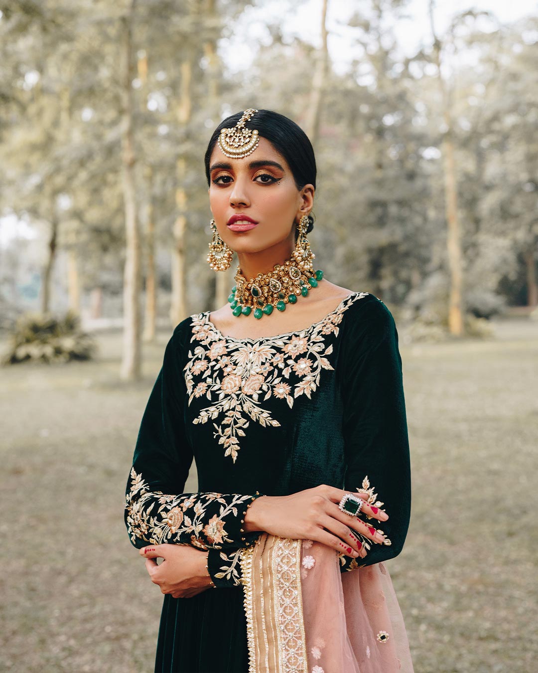 Deep Green Embroidered Velvet Pishwas (3-Piece) - Image 2