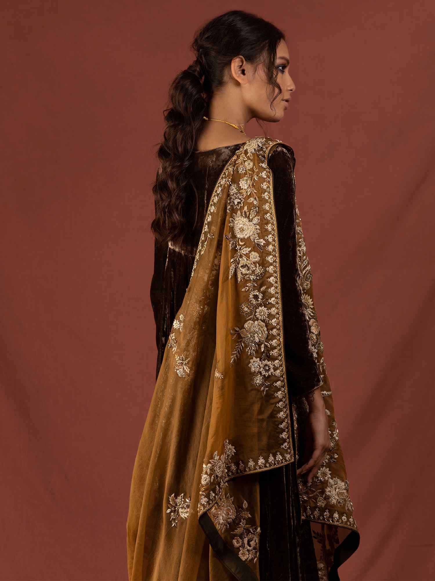 Olive Green Embroidered Velvet Peshwas (3-Piece) - Image 2