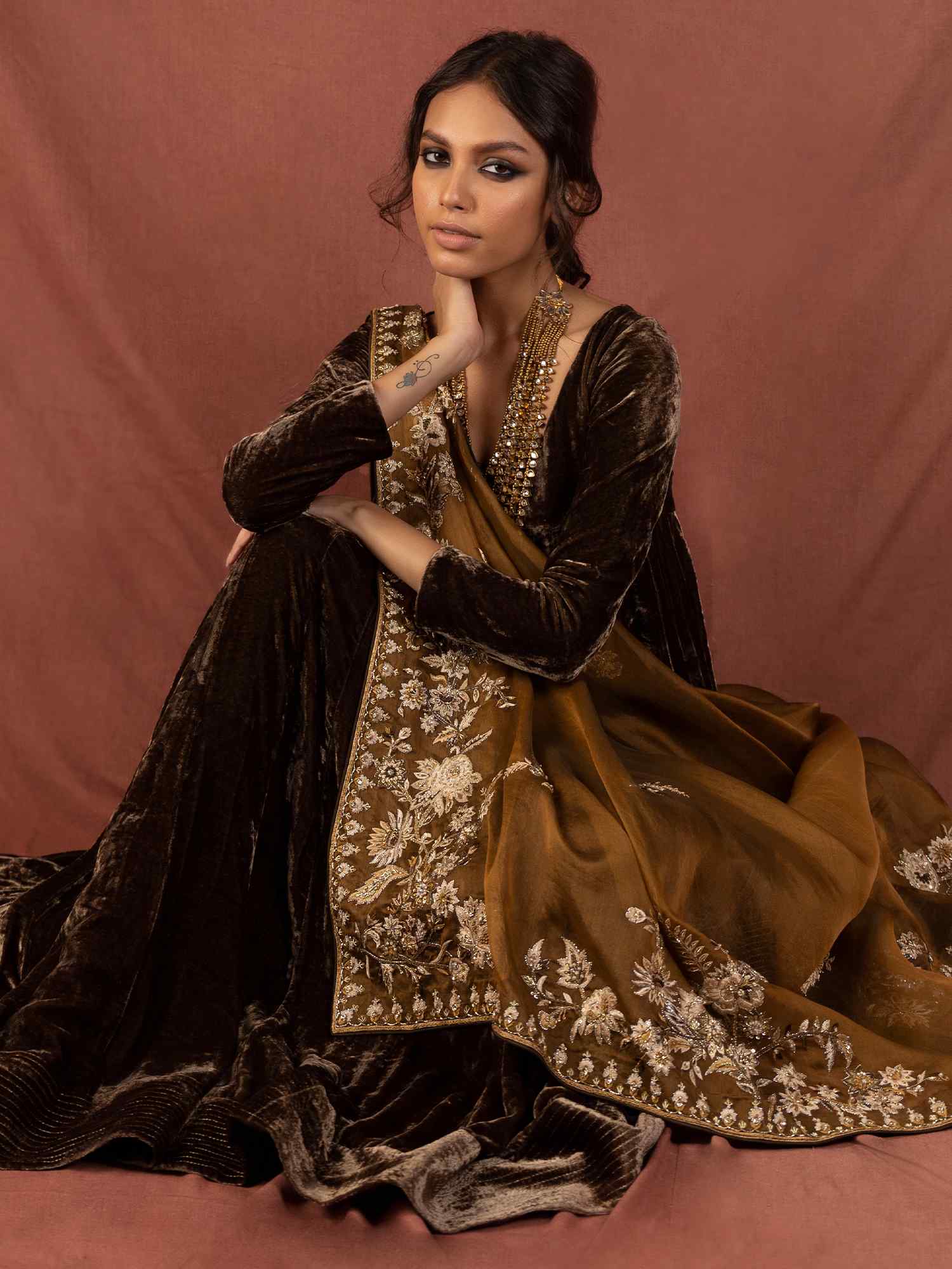 Olive Green Embroidered Velvet Peshwas (3-Piece) - Image 3