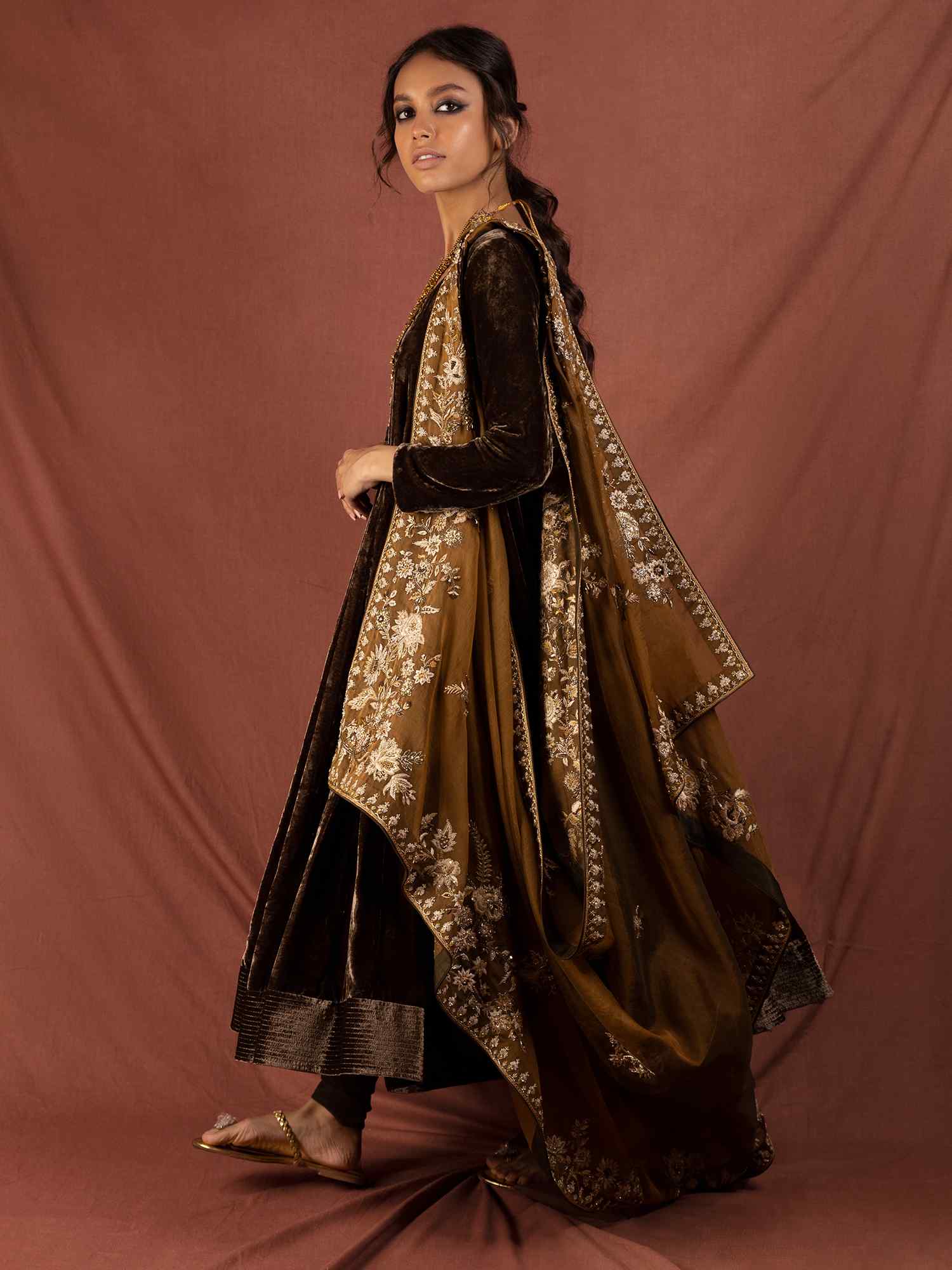Olive Green Embroidered Velvet Peshwas (3-Piece) - Image 4