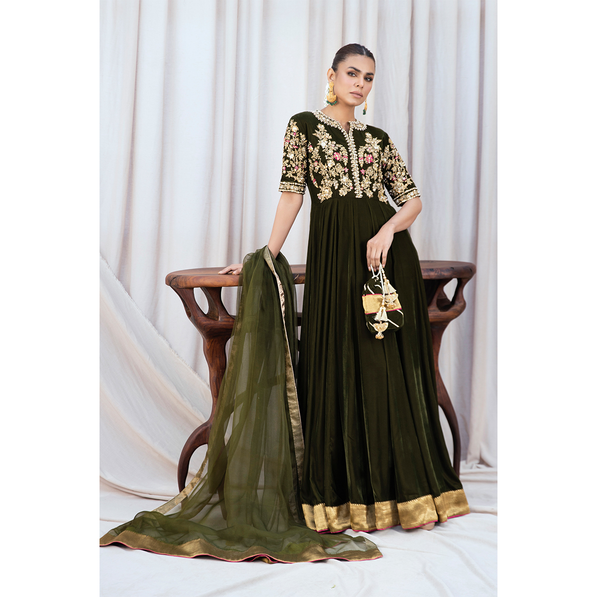 Pakistani Moss Green Embroidered French Velvet Pishwas (3-Piece) - Image 1