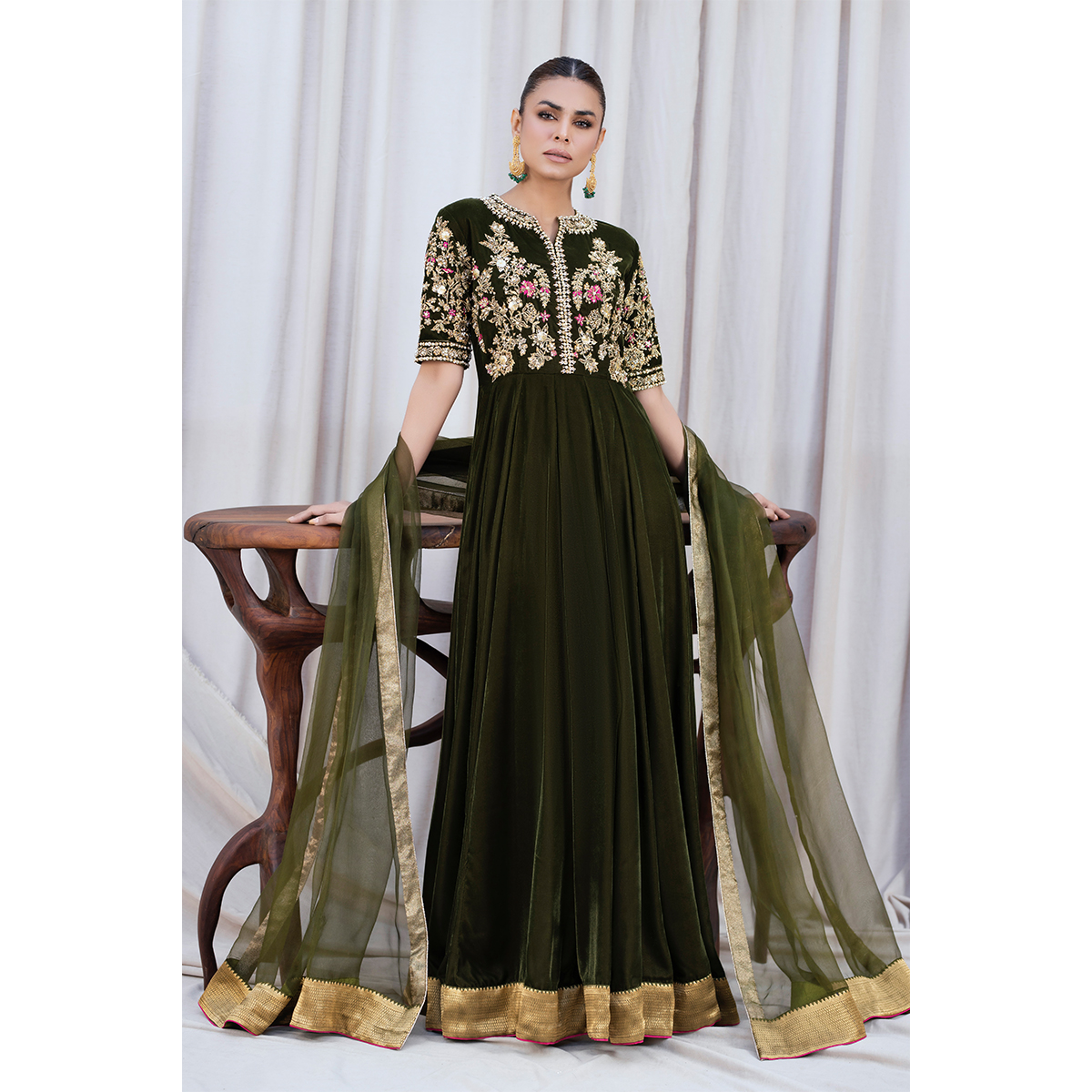 Pakistani Moss Green Embroidered French Velvet Pishwas (3-Piece) - Image 2