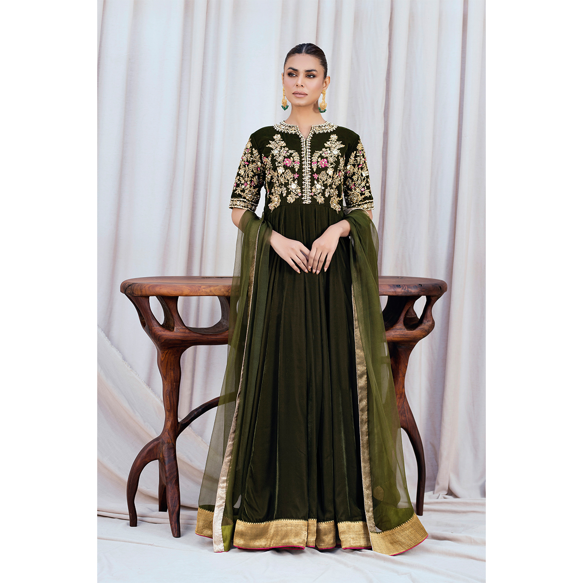 Pakistani Moss Green Embroidered French Velvet Pishwas (3-Piece) - Image 3