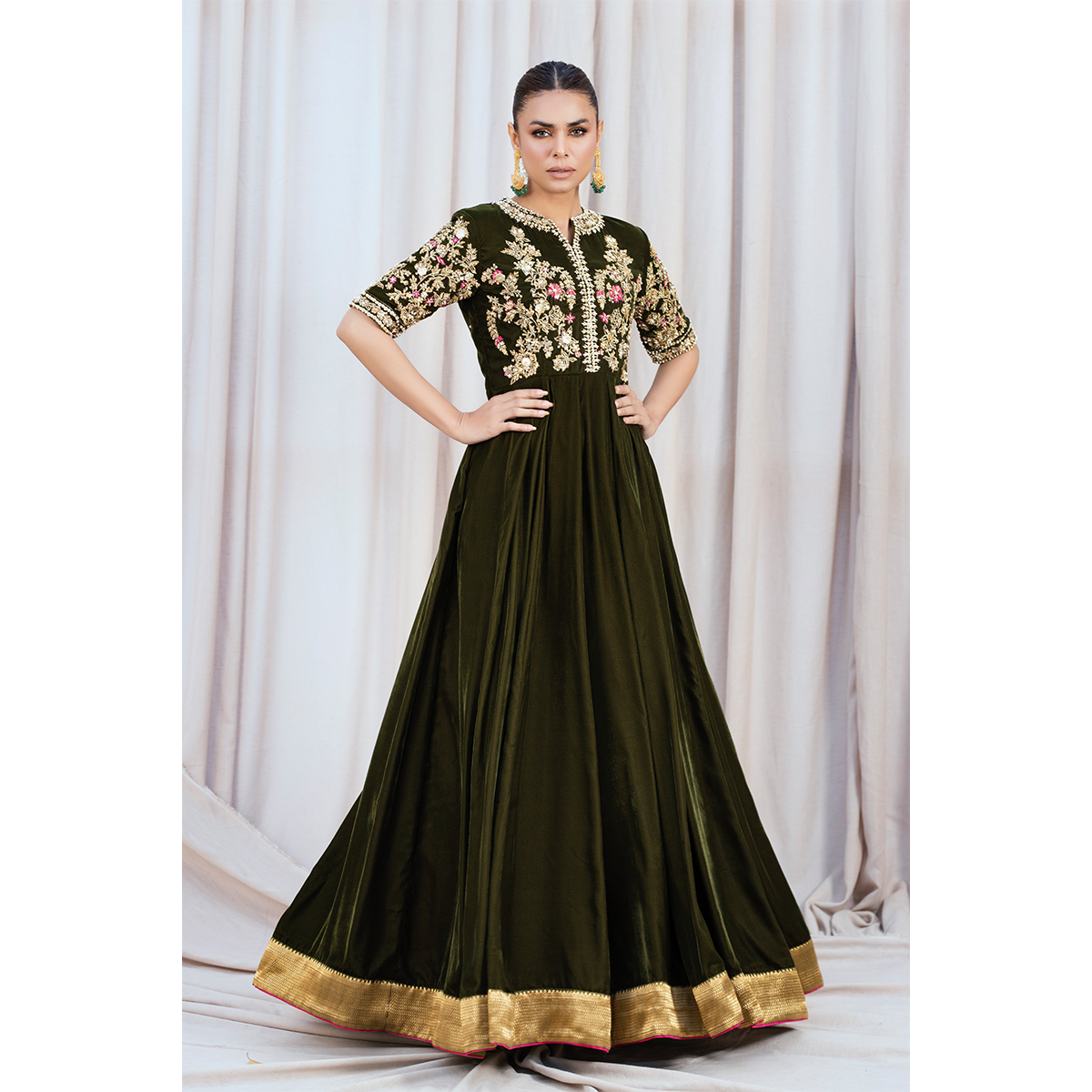 Pakistani Moss Green Embroidered French Velvet Pishwas (3-Piece) - Image 4
