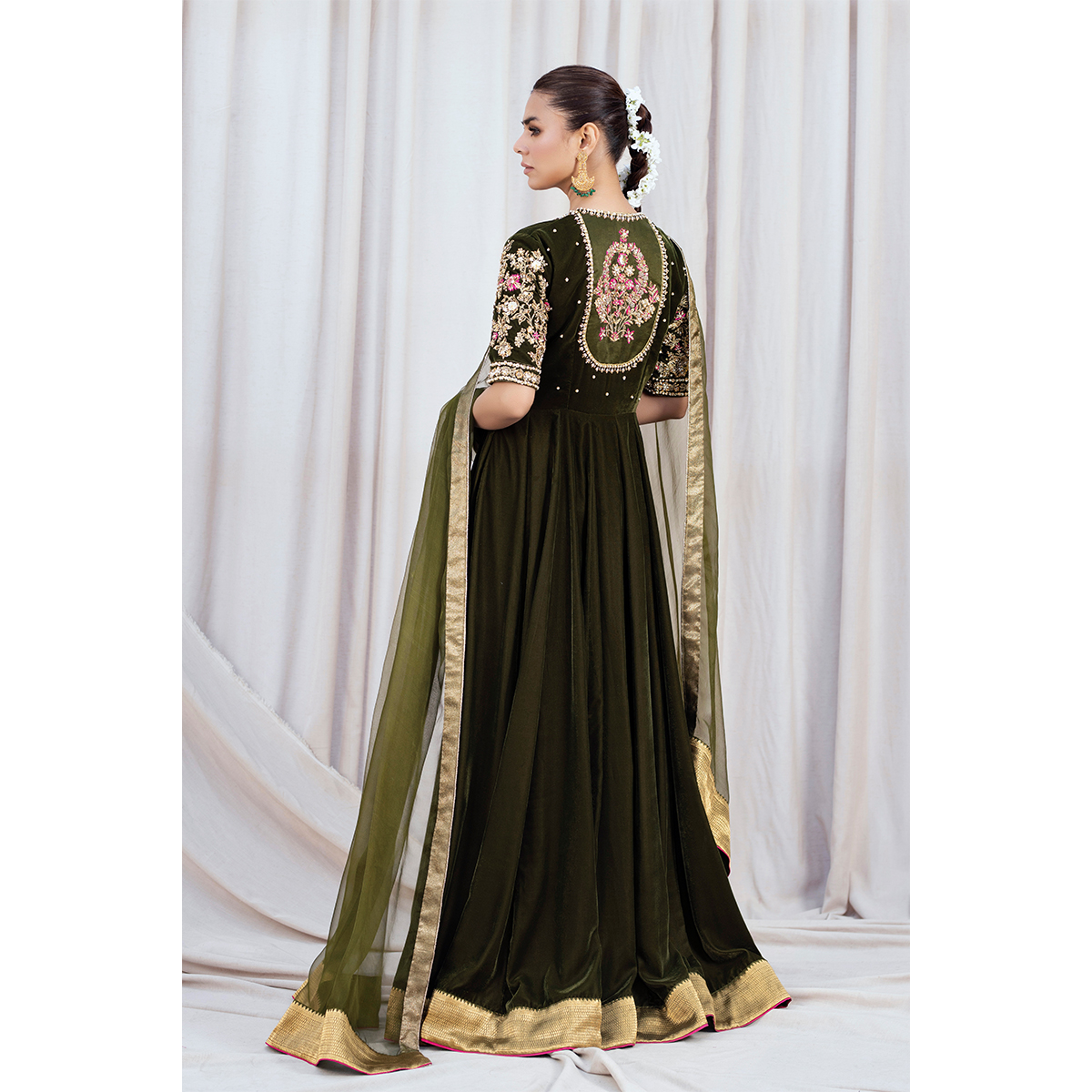 Pakistani Moss Green Embroidered French Velvet Pishwas (3-Piece) - Image 5