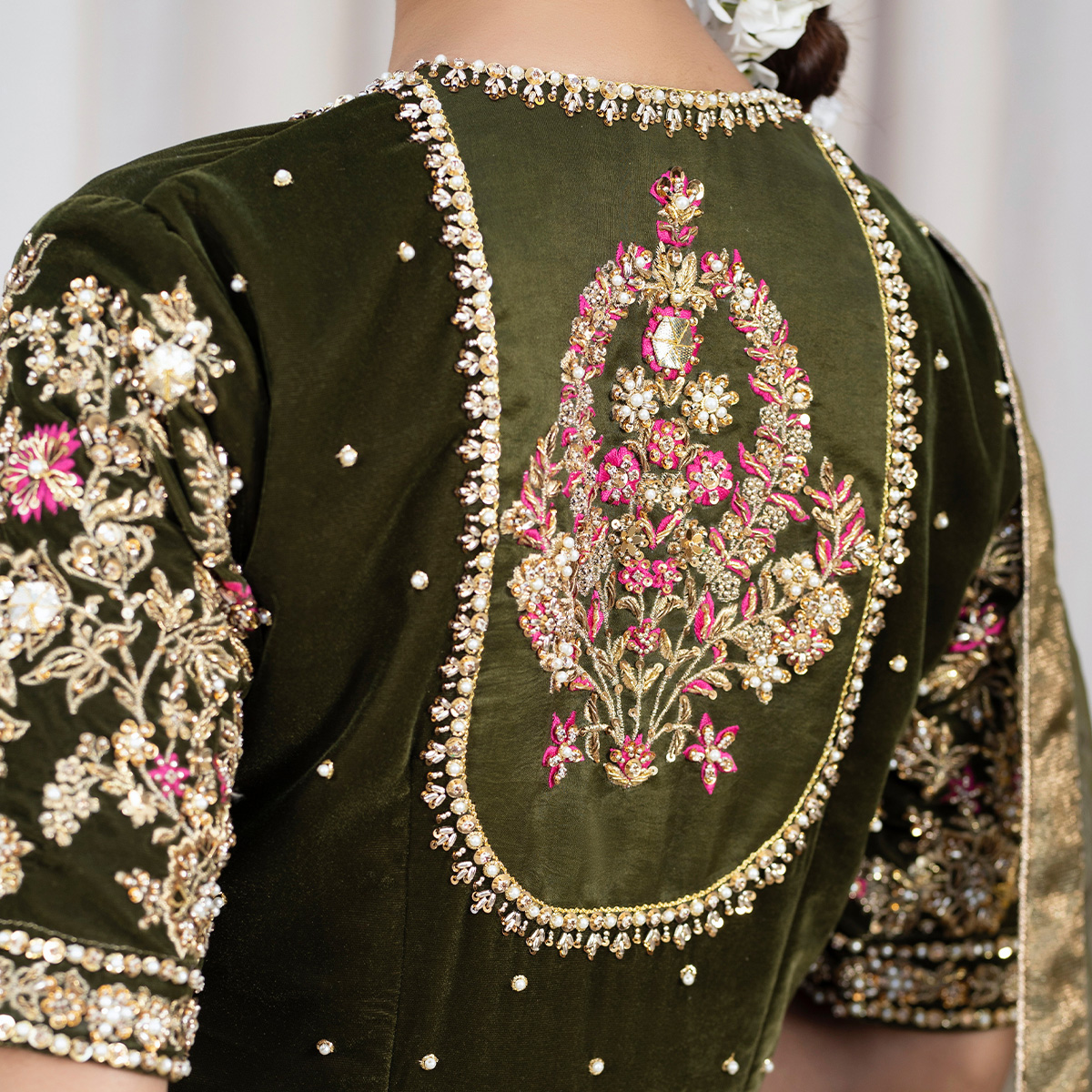 Pakistani Moss Green Embroidered French Velvet Pishwas (3-Piece) - Image 6