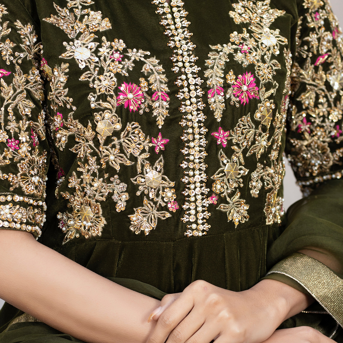 Pakistani Moss Green Embroidered French Velvet Pishwas (3-Piece) - Image 7