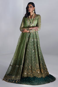 Pakistani Olive Green Zardozi Zari Net Pishwas (3-Piece) - Image 1