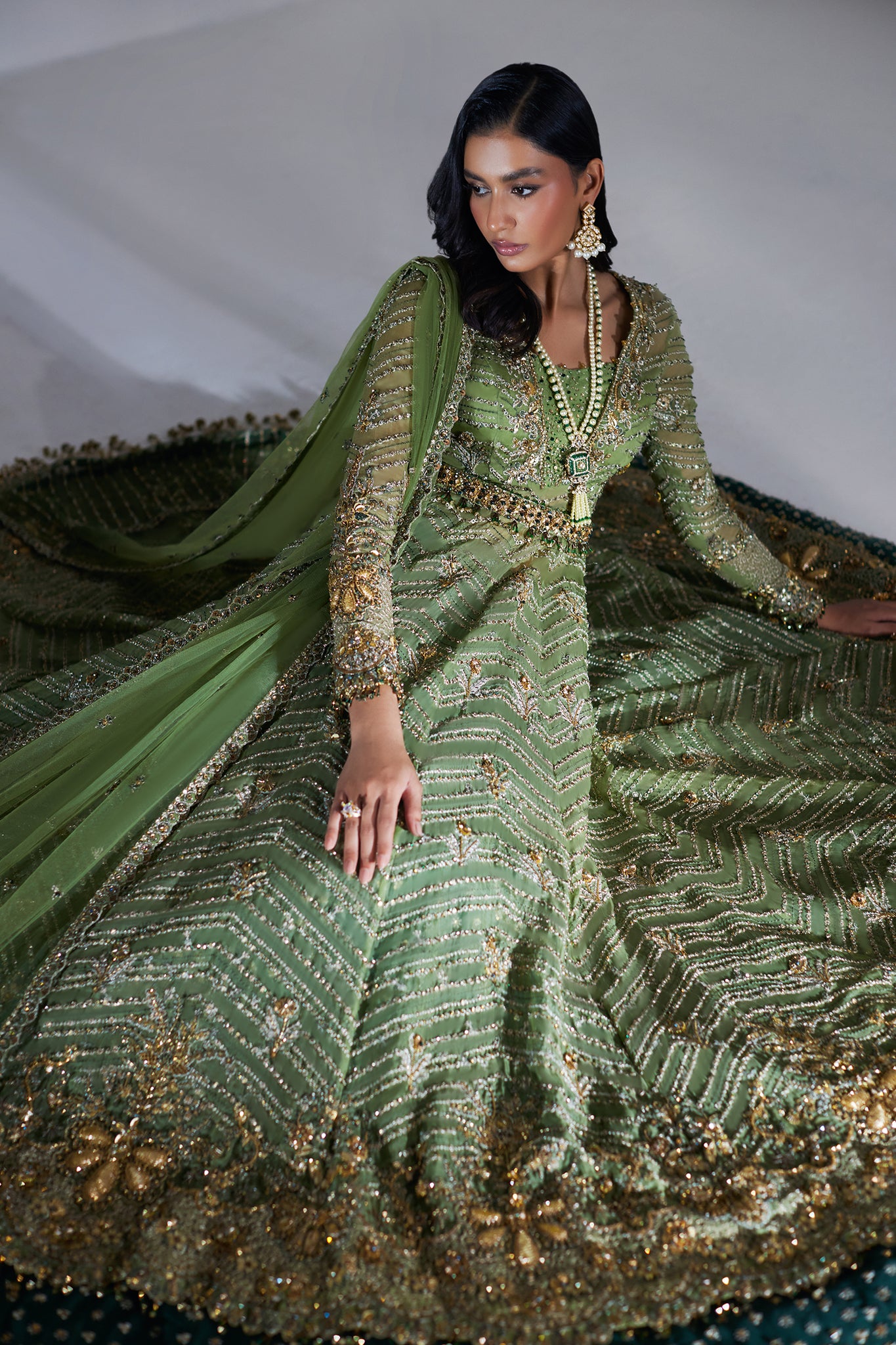 Pakistani Olive Green Zardozi Zari Net Pishwas (3-Piece) - Image 3
