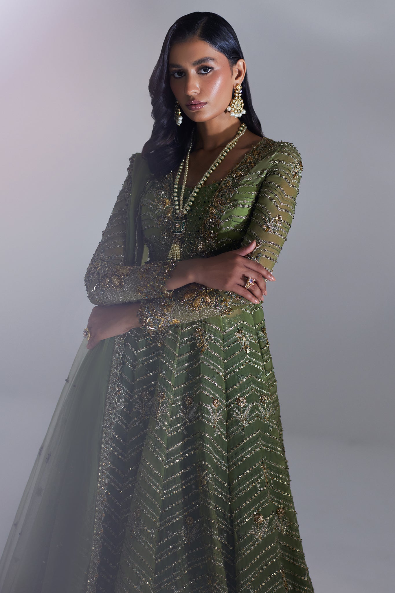 Pakistani Olive Green Zardozi Zari Net Pishwas (3-Piece) - Image 5