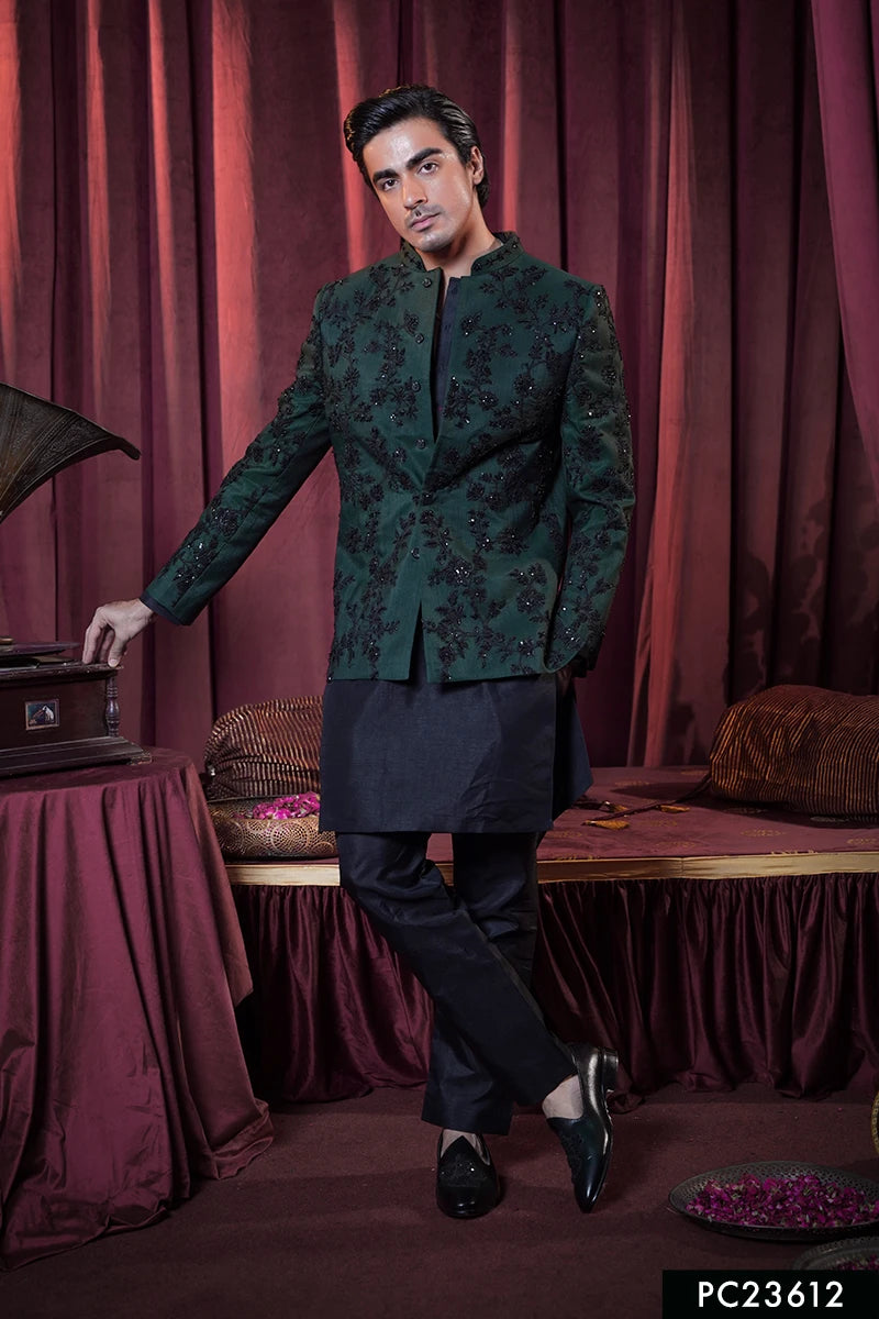 Bottle Green Embellished Baar Silk Prince Coat (3-Piece) - Image 1