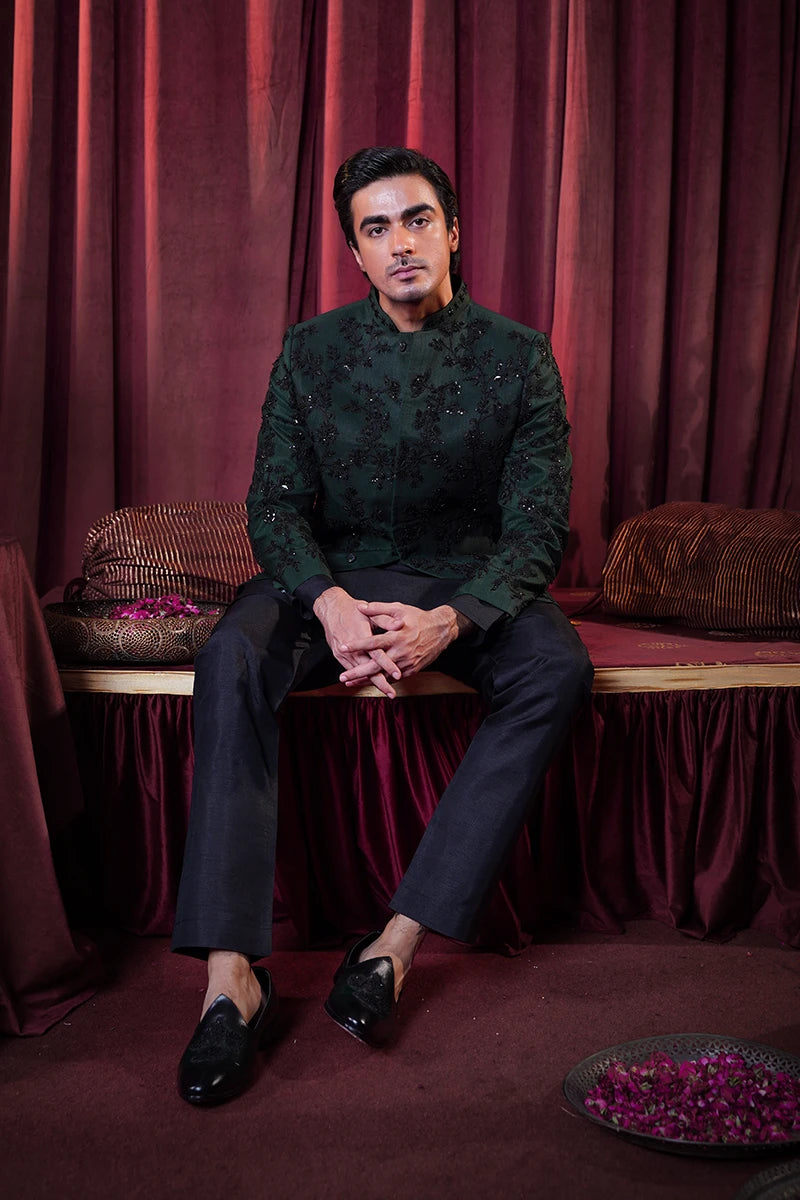 Bottle Green Embellished Baar Silk Prince Coat (3-Piece) - Image 2