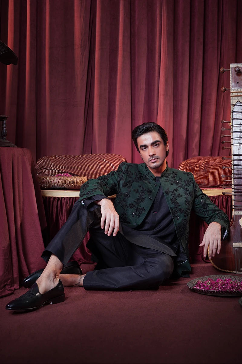 Bottle Green Embellished Baar Silk Prince Coat (3-Piece) - Image 3