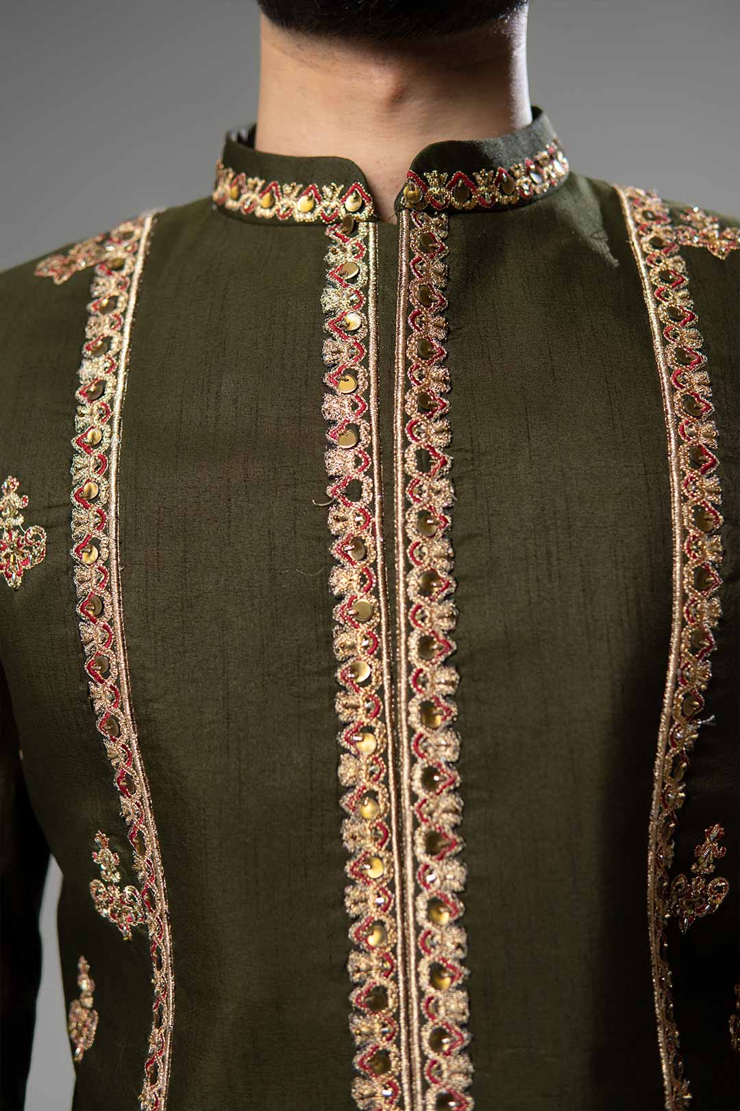 Dark Olive Green Embroidered Brocade Prince Coat (3-Piece) - Image 2