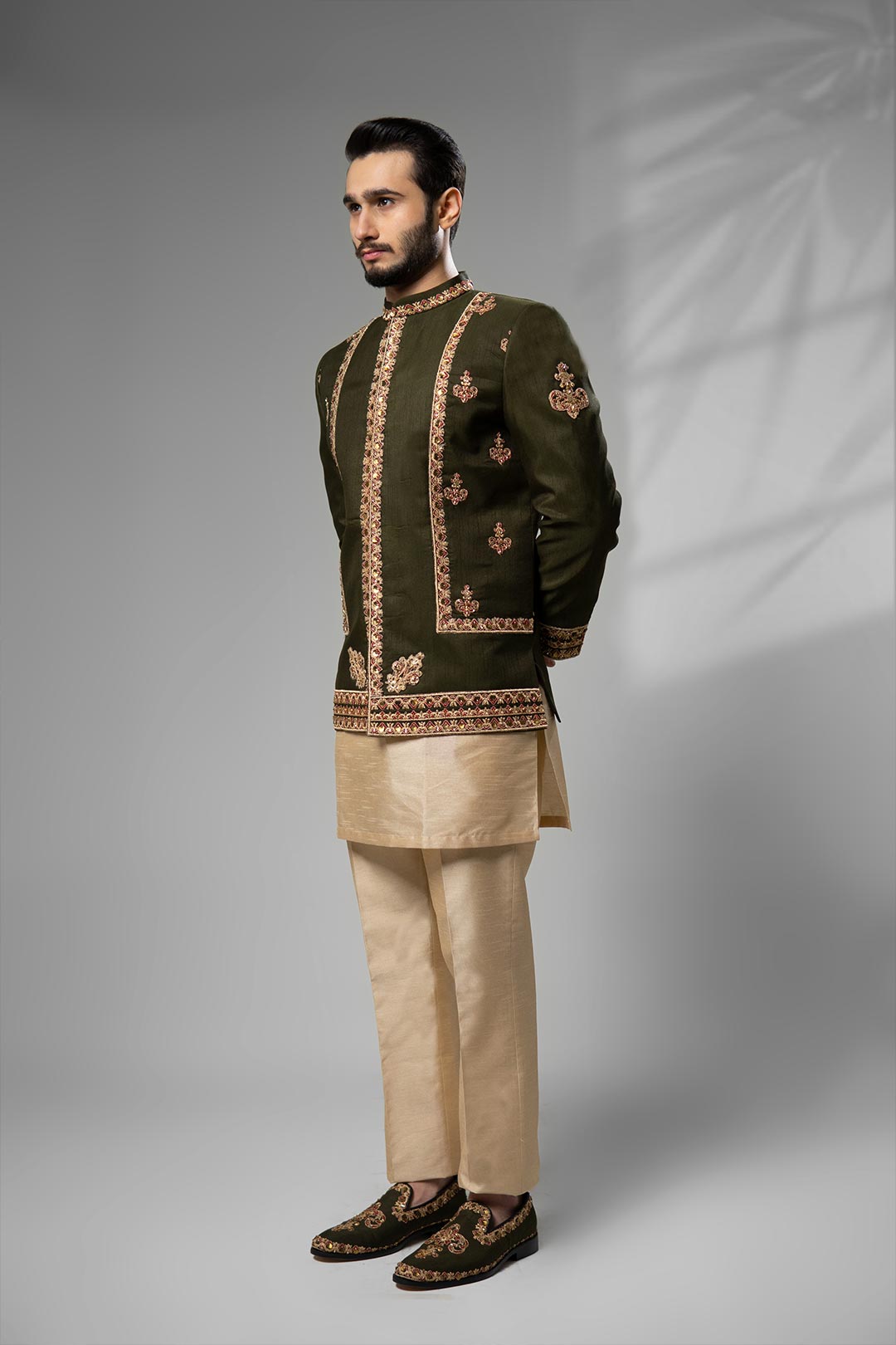 Dark Olive Green Embroidered Brocade Prince Coat (3-Piece) - Image 3