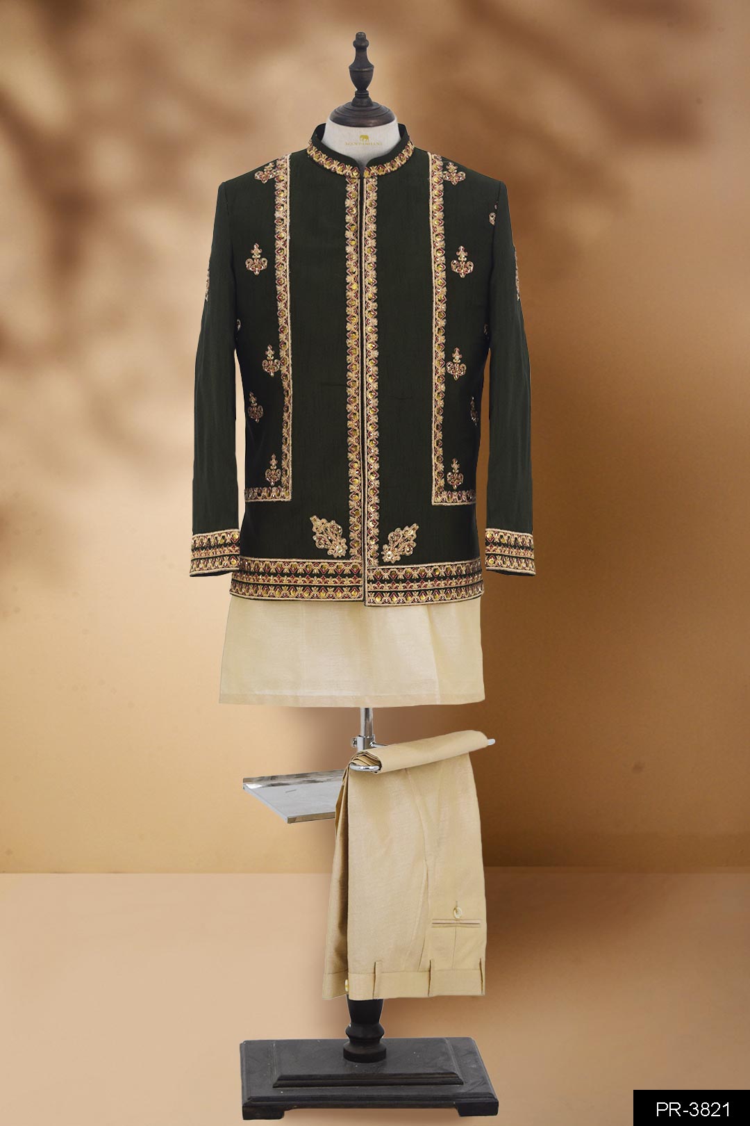 Dark Olive Green Embroidered Brocade Prince Coat (3-Piece) - Image 5