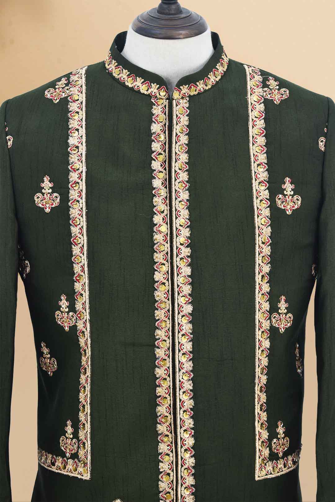 Dark Olive Green Embroidered Brocade Prince Coat (3-Piece) - Image 6