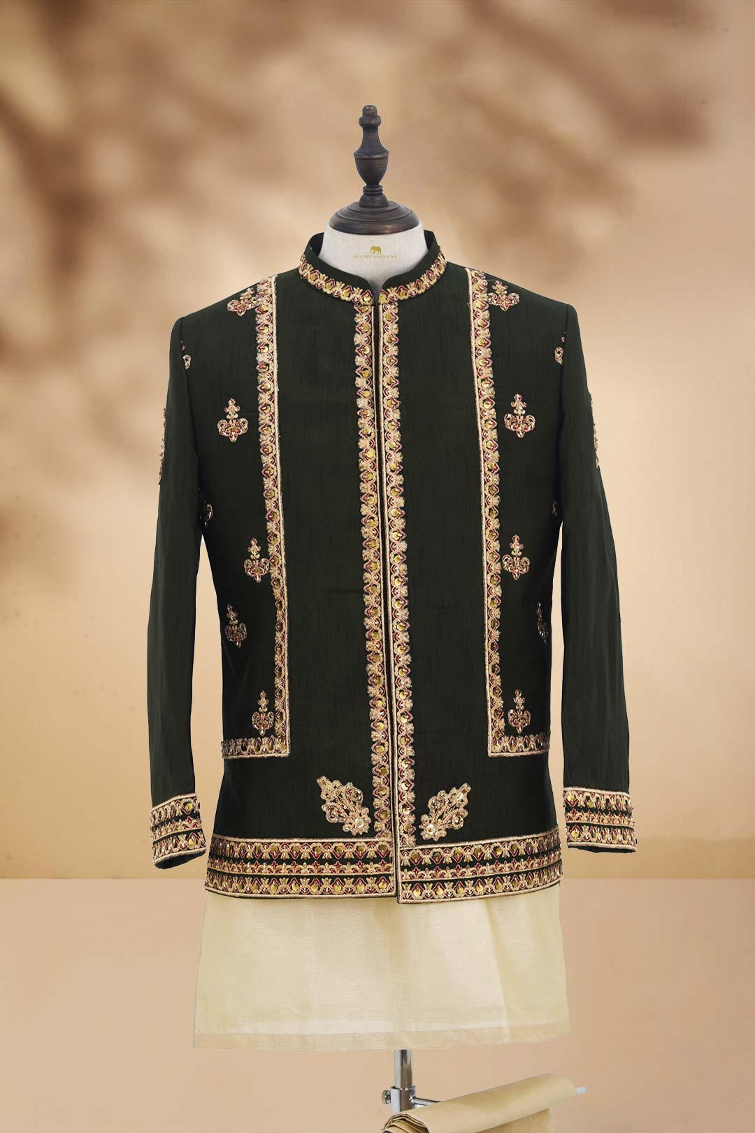 Dark Olive Green Embroidered Brocade Prince Coat (3-Piece) - Image 7