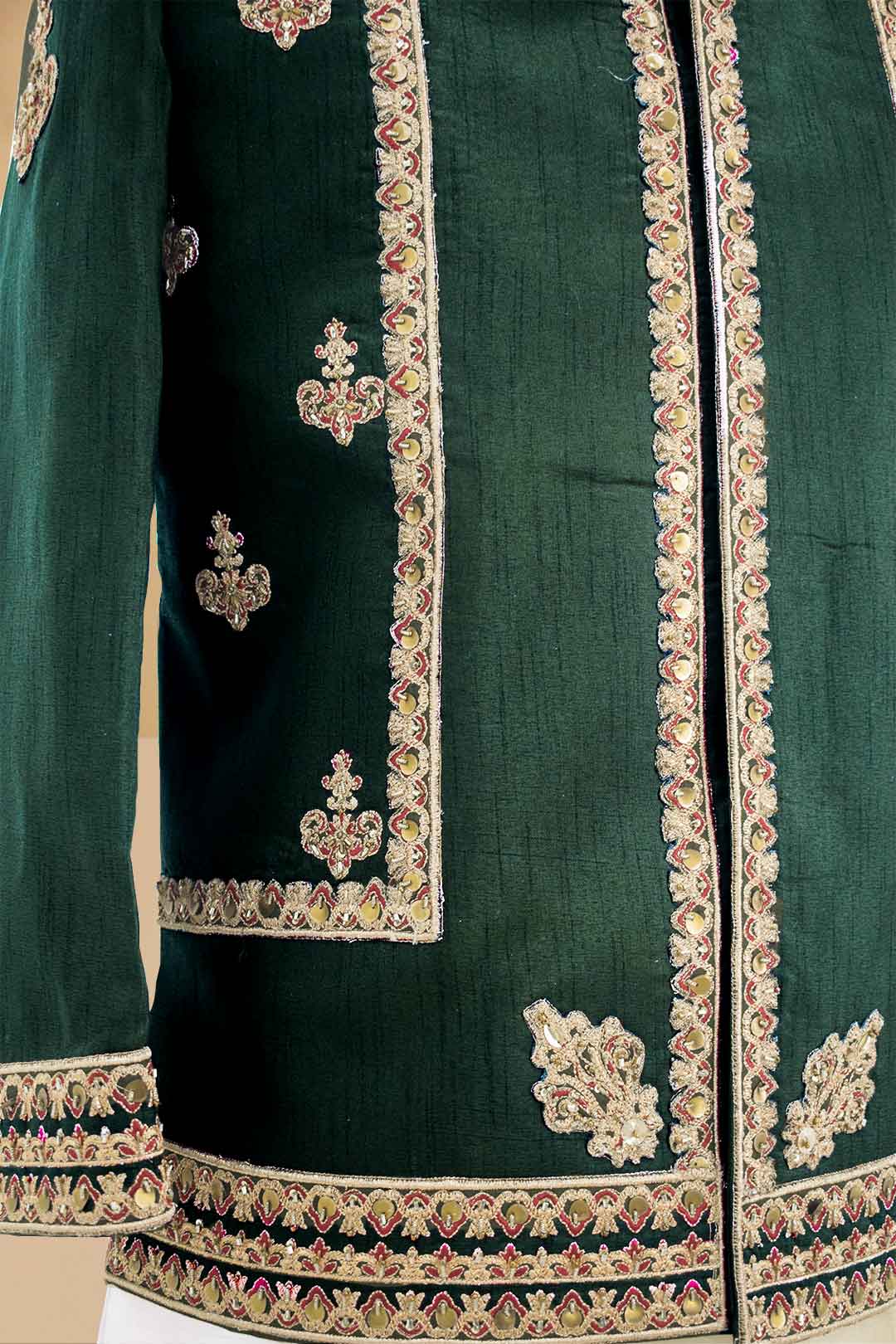 Dark Olive Green Embroidered Brocade Prince Coat (3-Piece) - Image 8