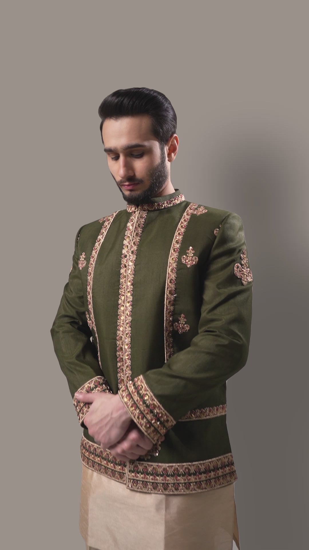 Dark Olive Green Embroidered Brocade Prince Coat (3-Piece) - Image 9
