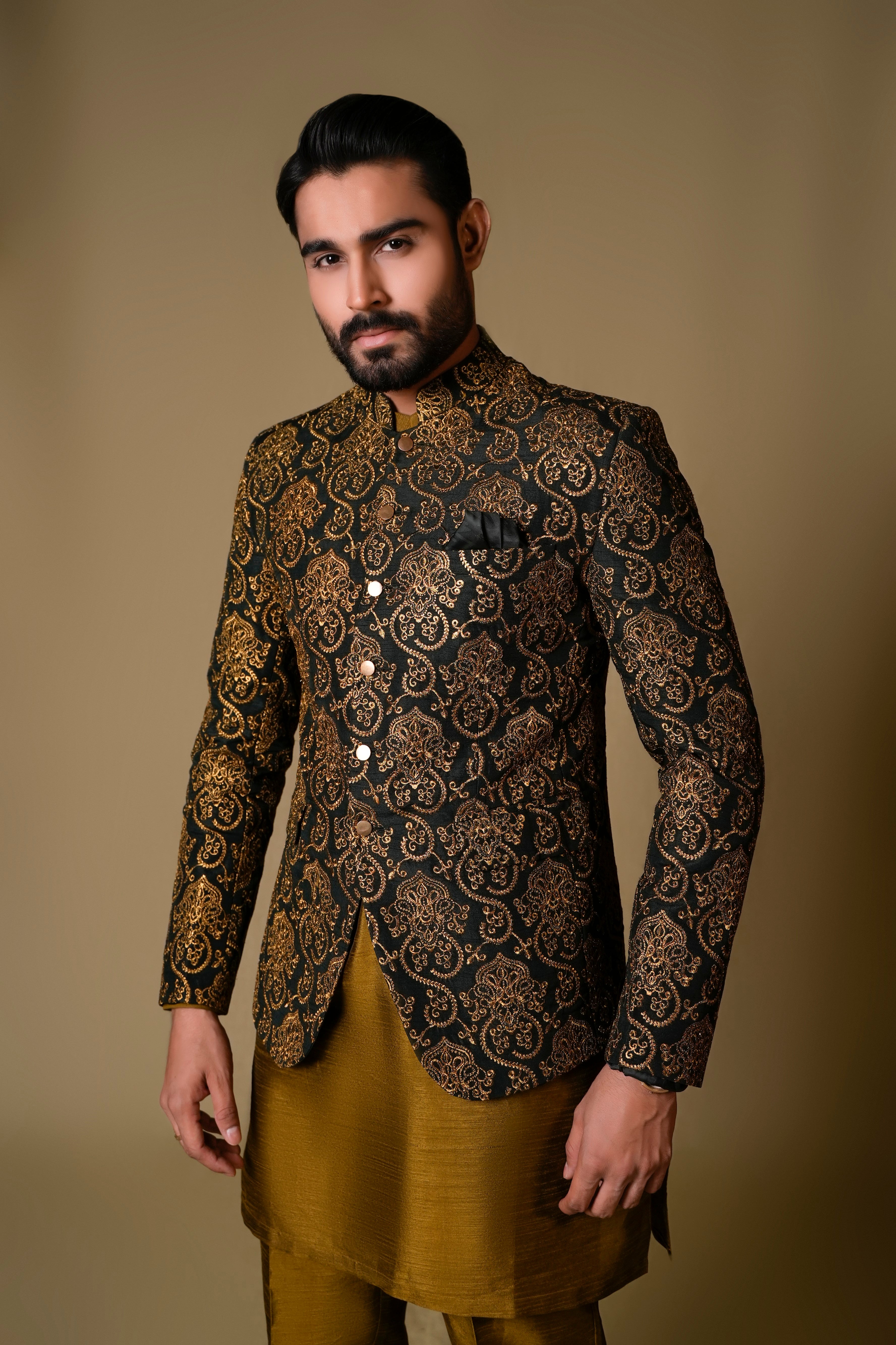 Green Gold Brocade Prince Coat (3-Piece) - Image 1