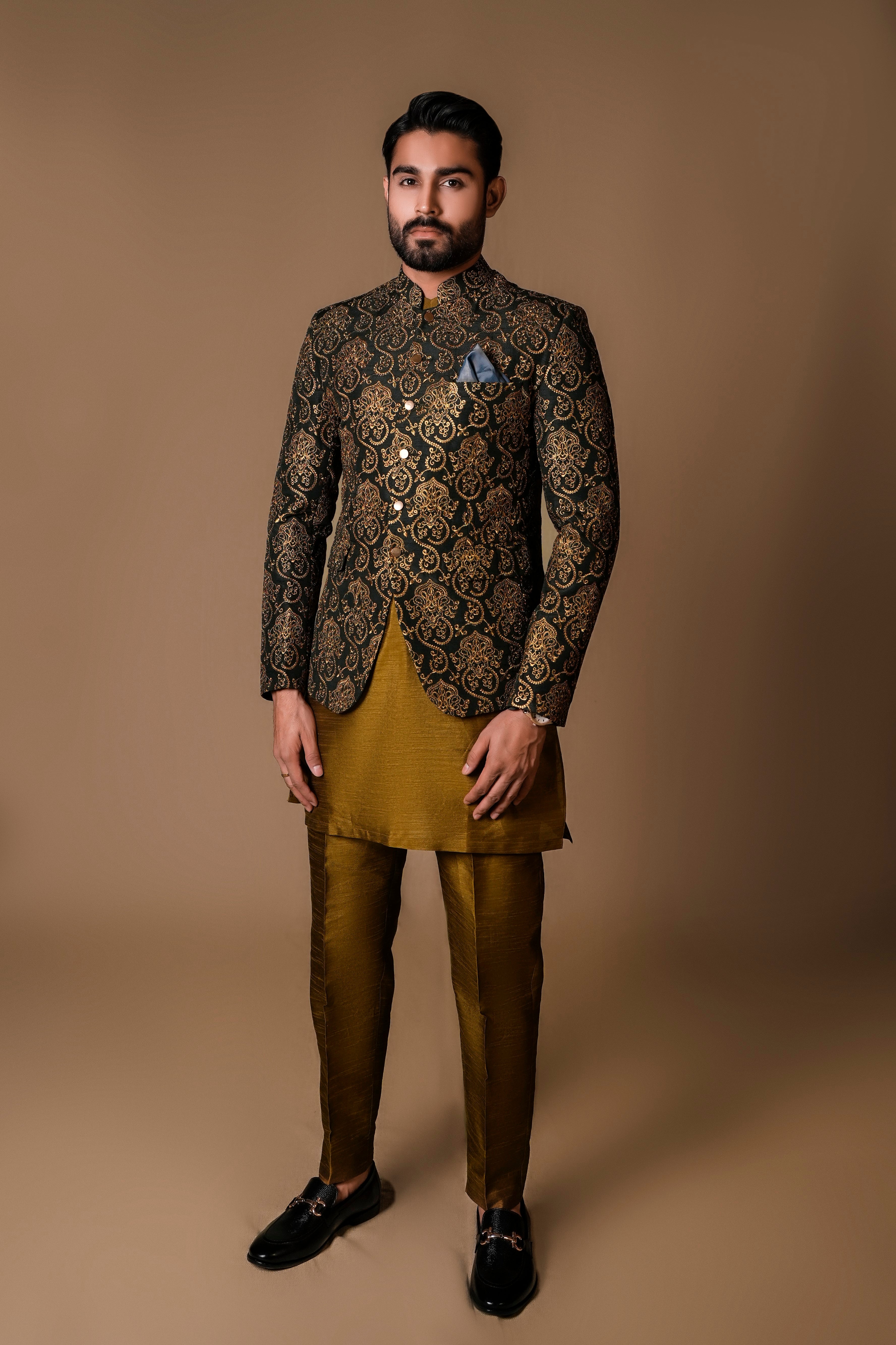 Green Gold Brocade Prince Coat (3-Piece) - Image 2