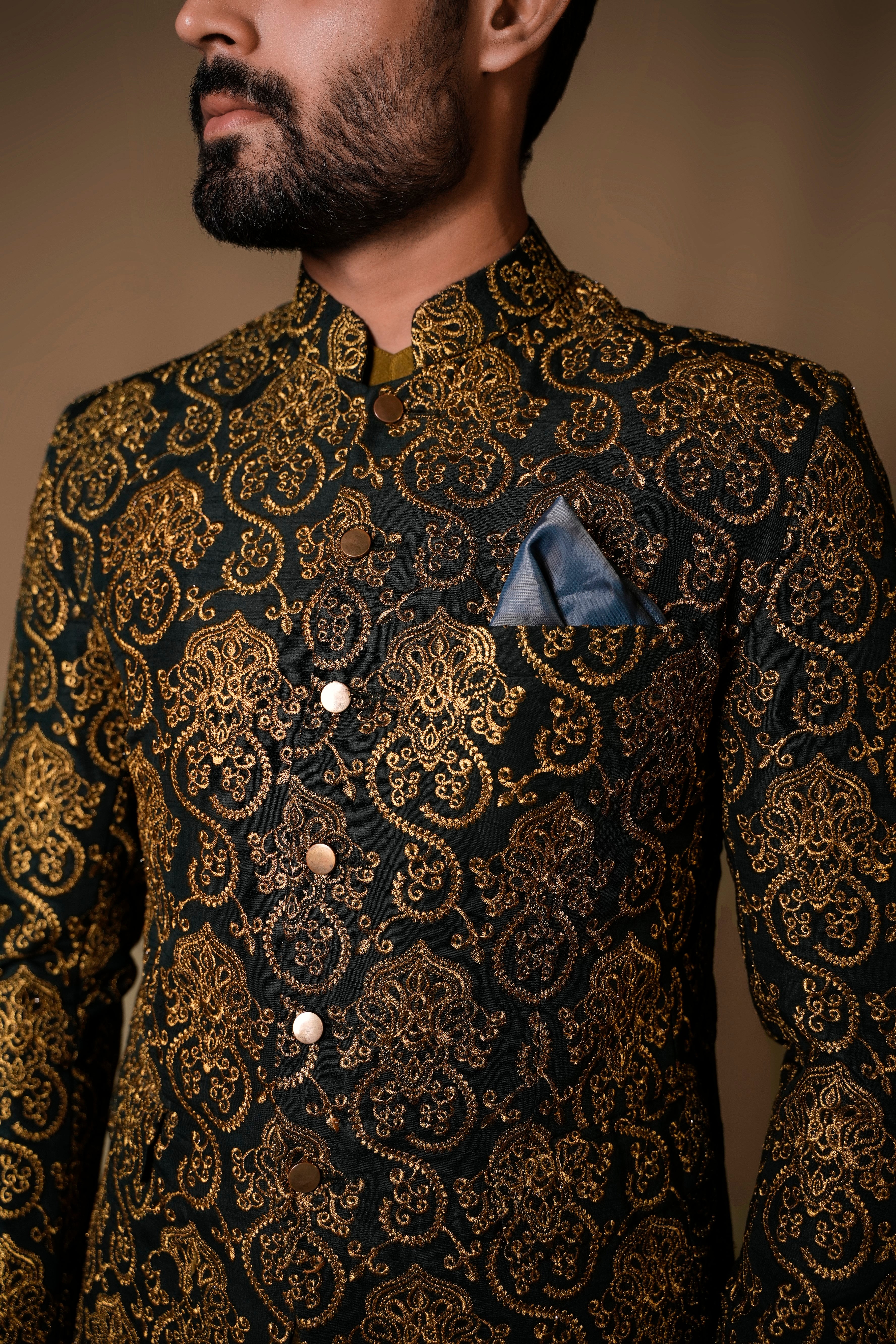 Green Gold Brocade Prince Coat (3-Piece) - Image 3