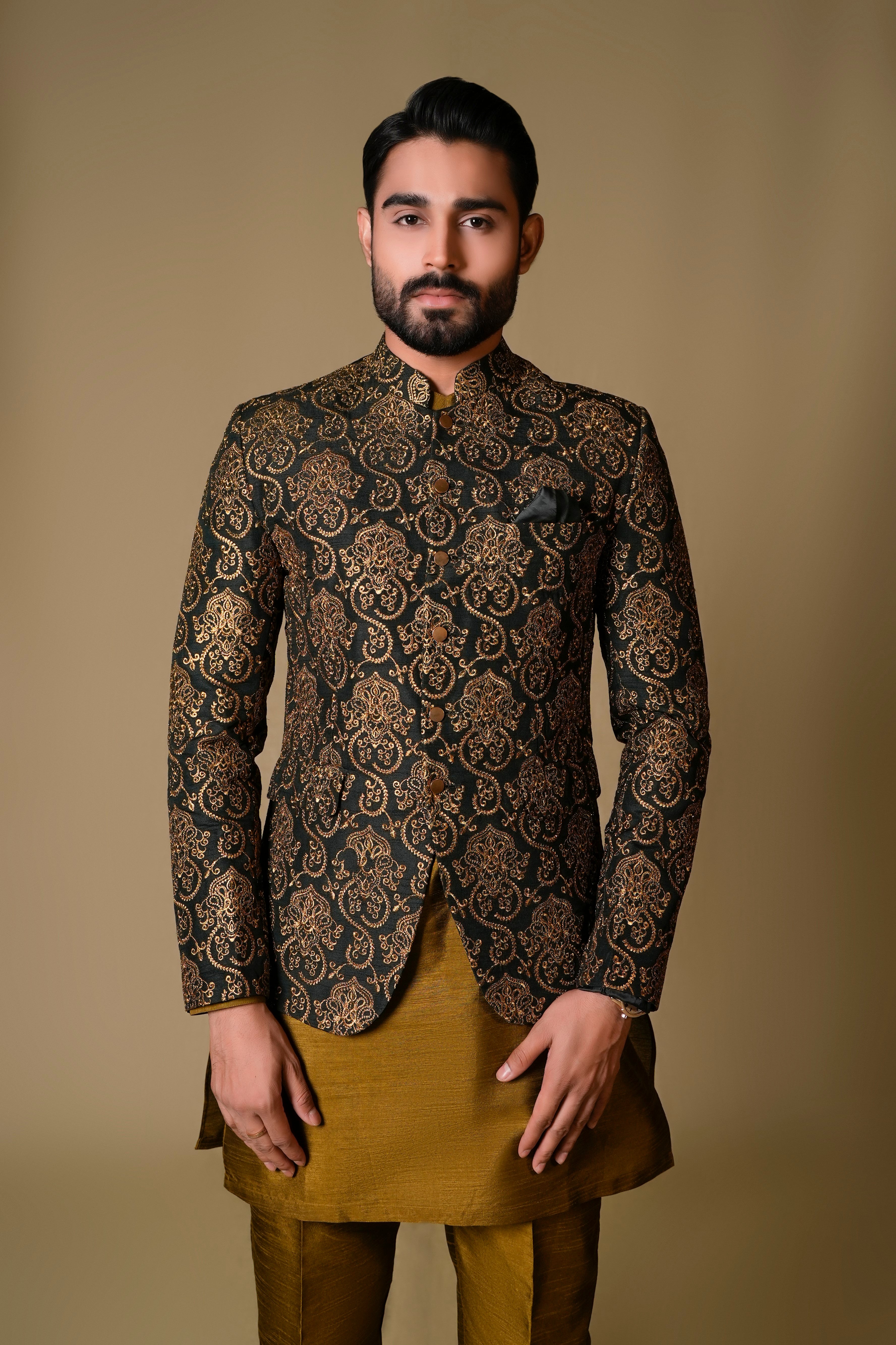 Green Gold Brocade Prince Coat (3-Piece) - Image 4