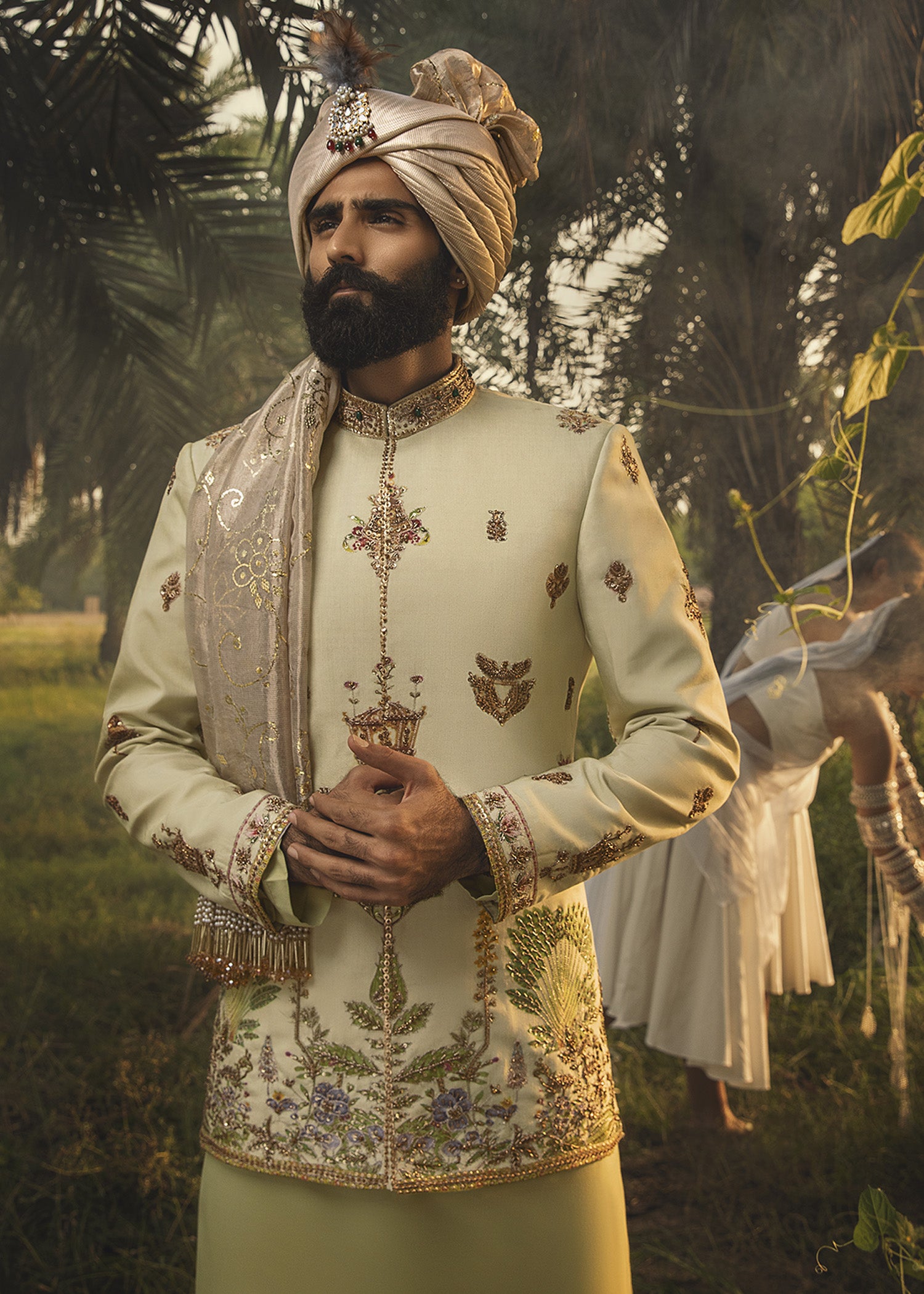 Pastel Green Aari Zardozi Cotton Prince Coat (3-Piece) - Image 1