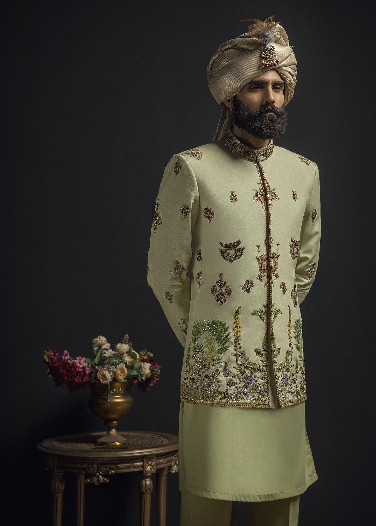 Pastel Green Aari Zardozi Cotton Prince Coat (3-Piece) - Image 11