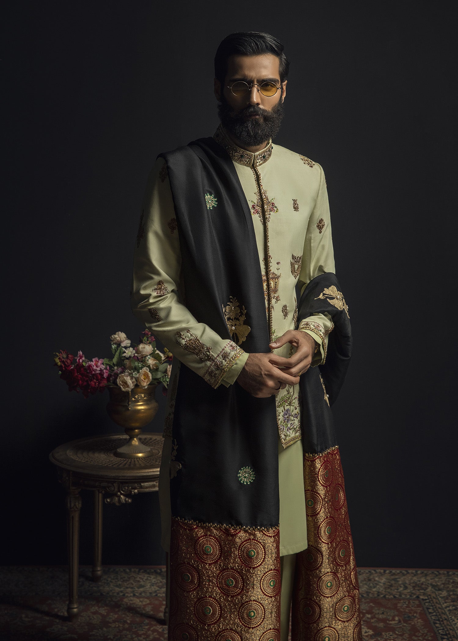 Pastel Green Aari Zardozi Cotton Prince Coat (3-Piece) - Image 12