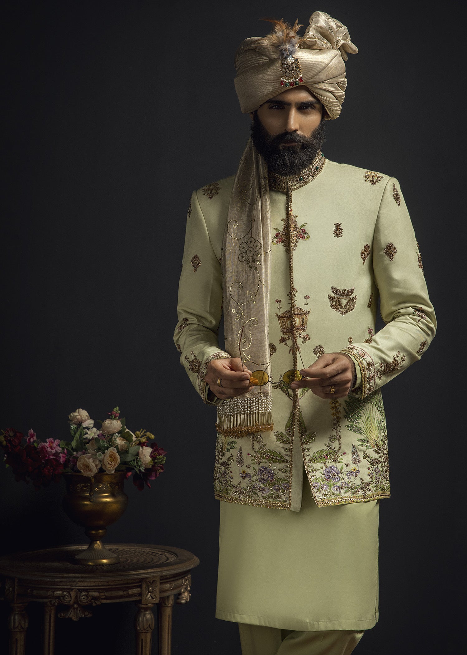 Pastel Green Aari Zardozi Cotton Prince Coat (3-Piece) - Image 13