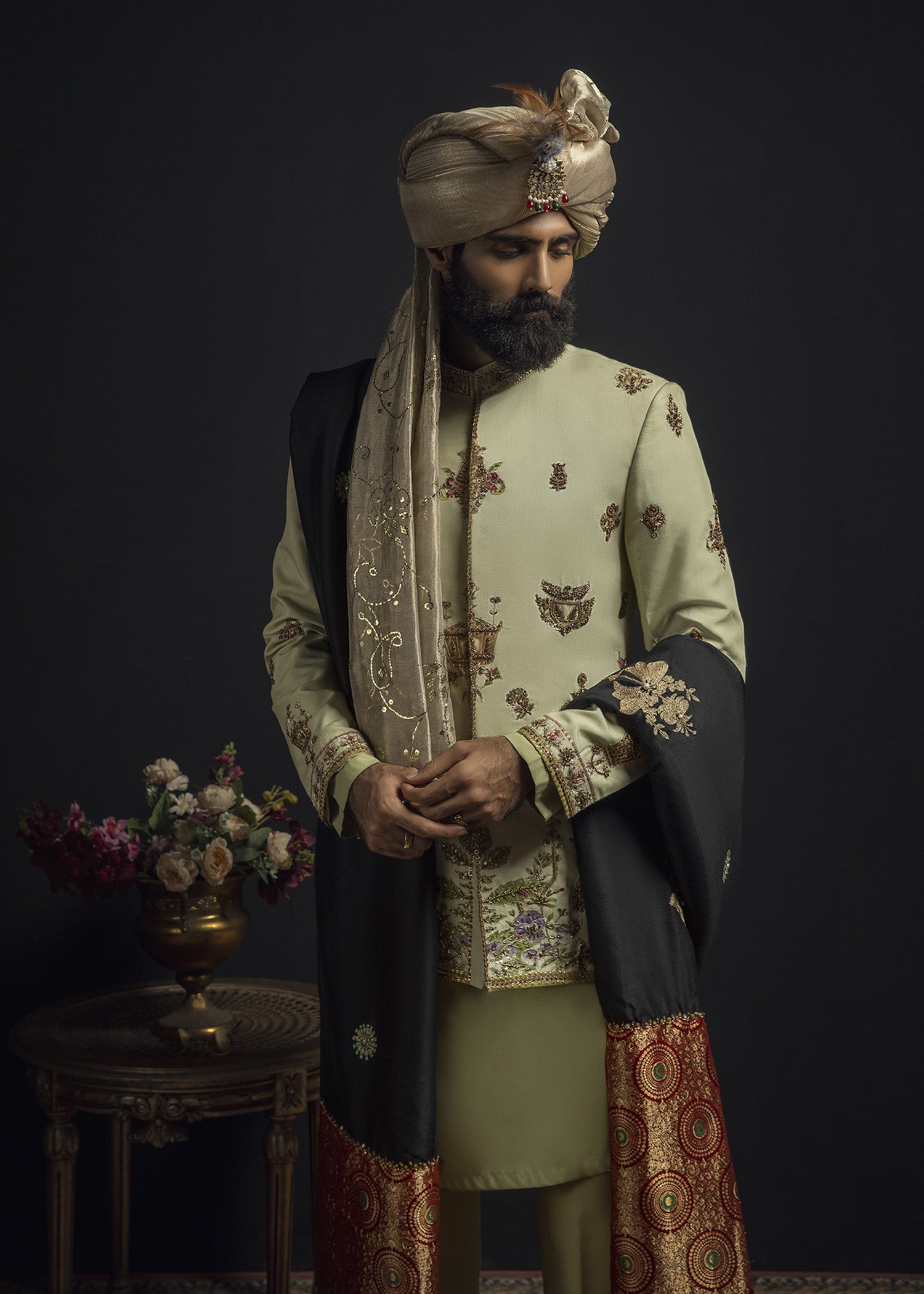 Pastel Green Aari Zardozi Cotton Prince Coat (3-Piece) - Image 14