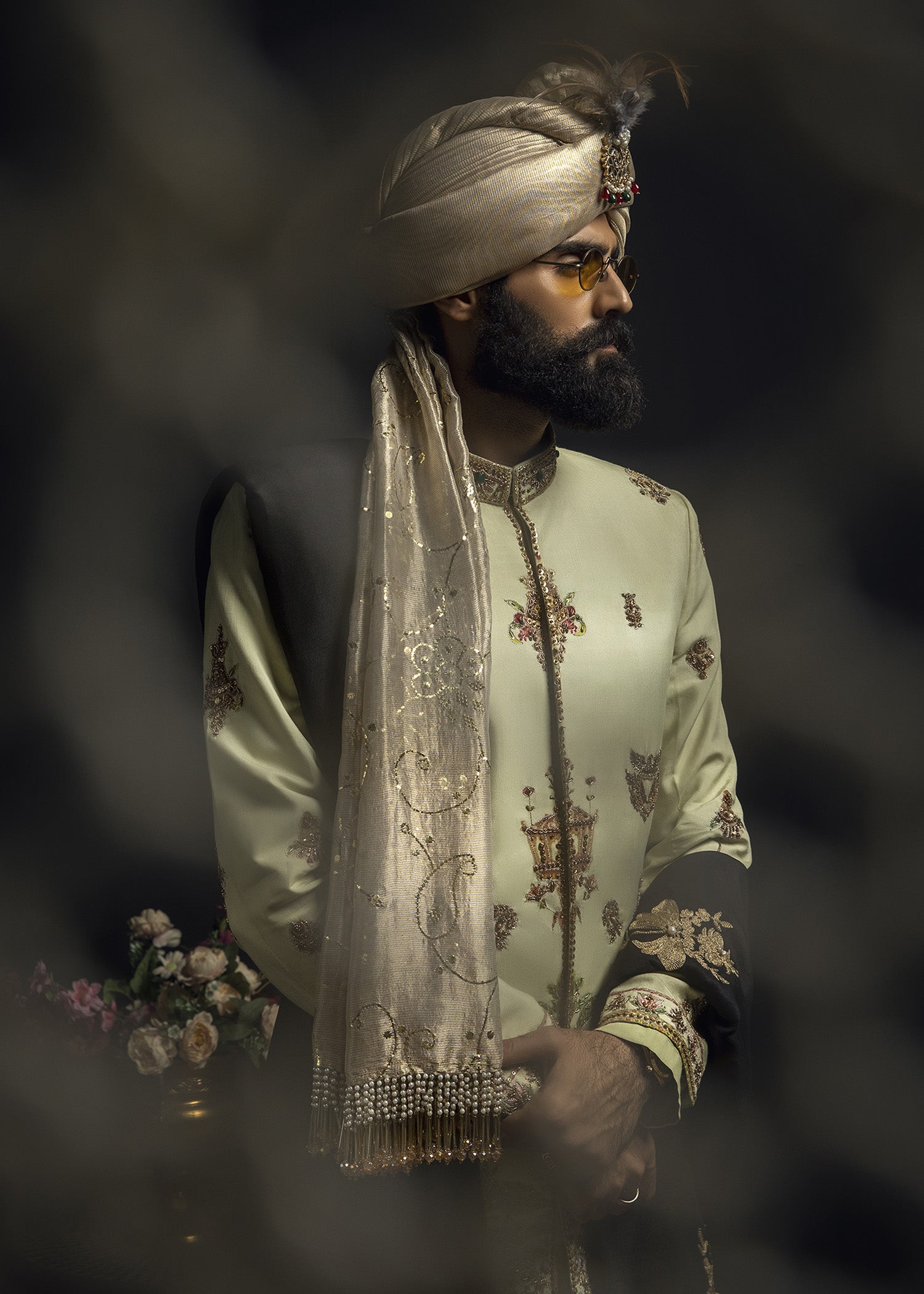 Pastel Green Aari Zardozi Cotton Prince Coat (3-Piece) - Image 15