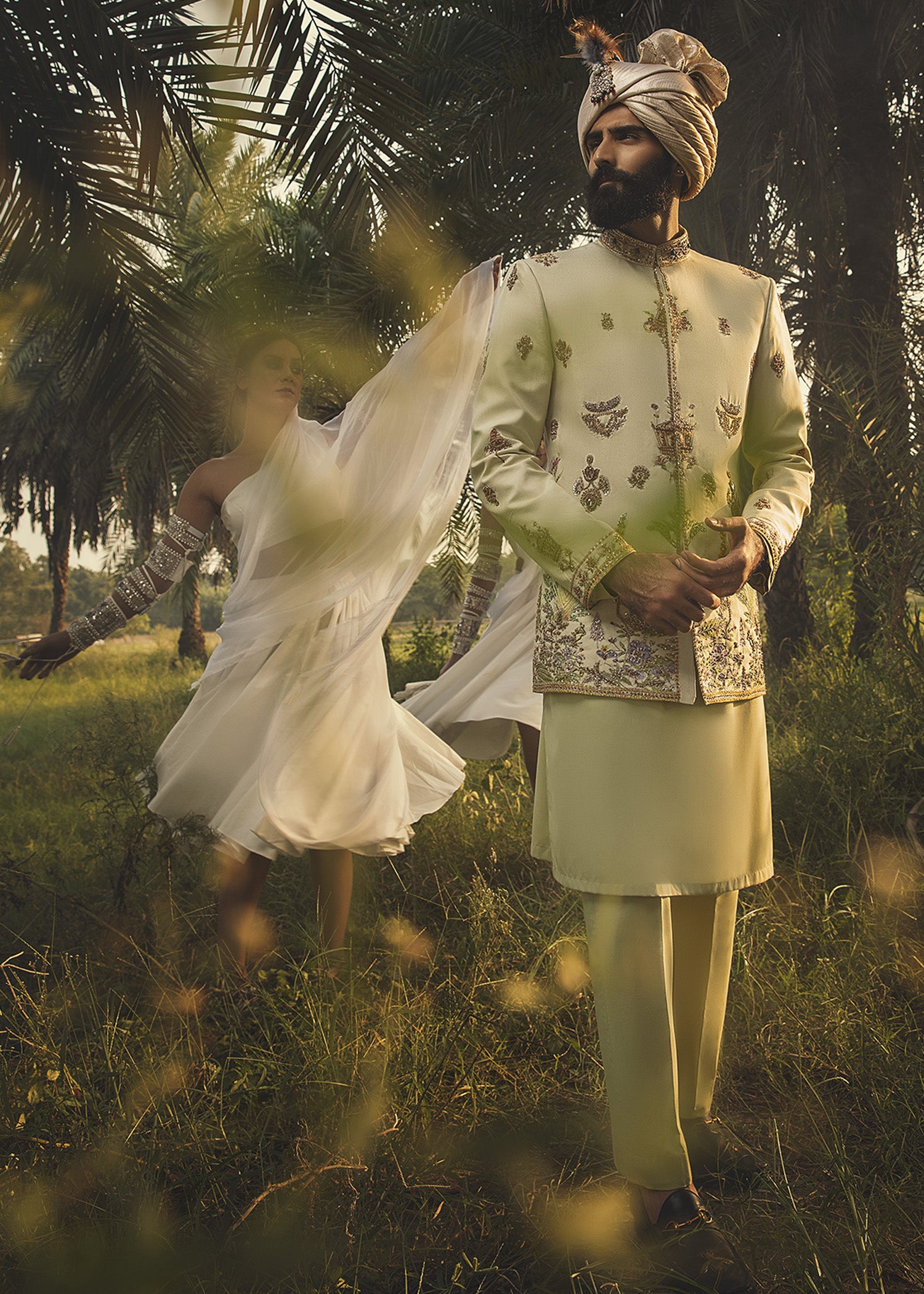 Pastel Green Aari Zardozi Cotton Prince Coat (3-Piece) - Image 2