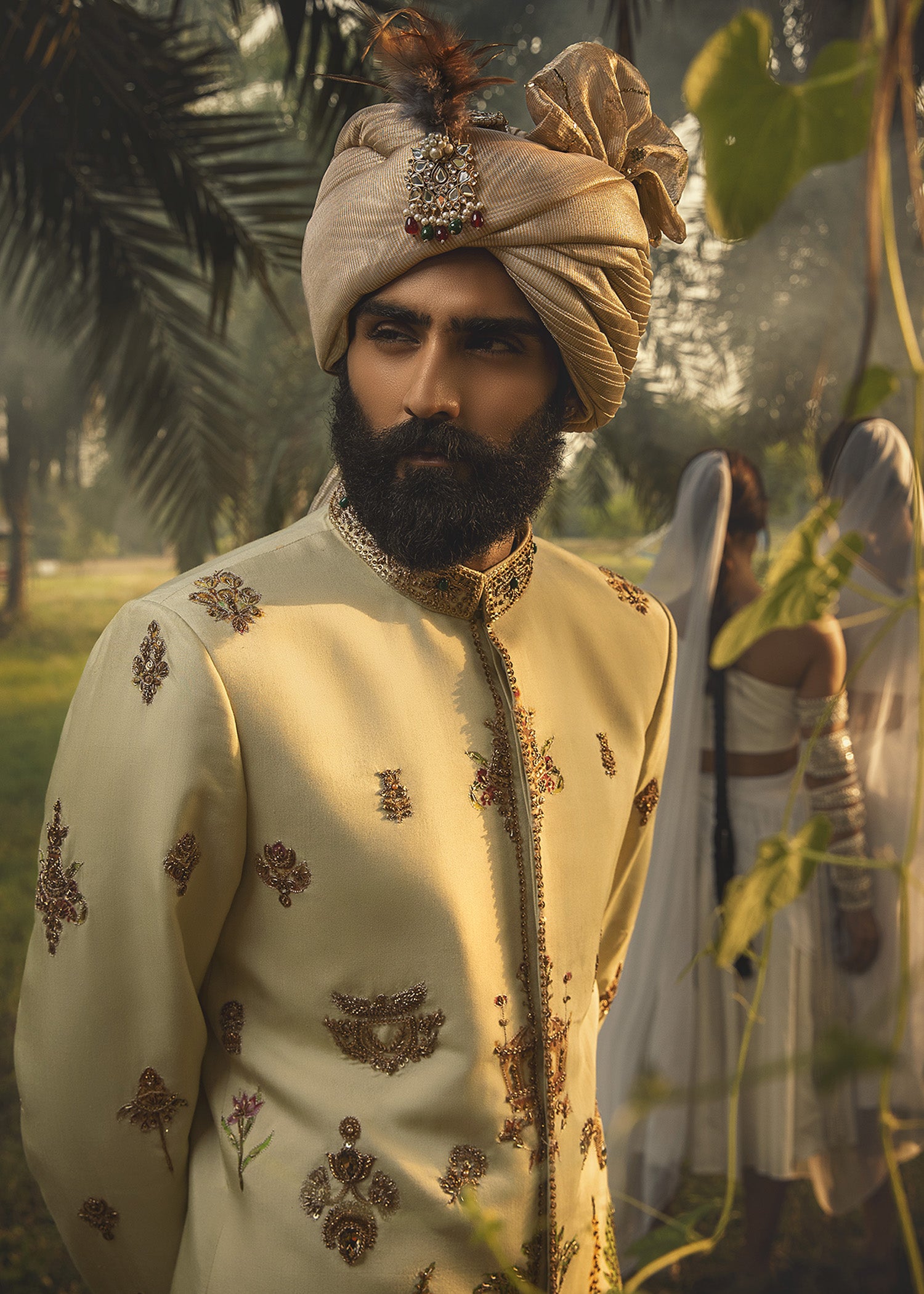 Pastel Green Aari Zardozi Cotton Prince Coat (3-Piece) - Image 4