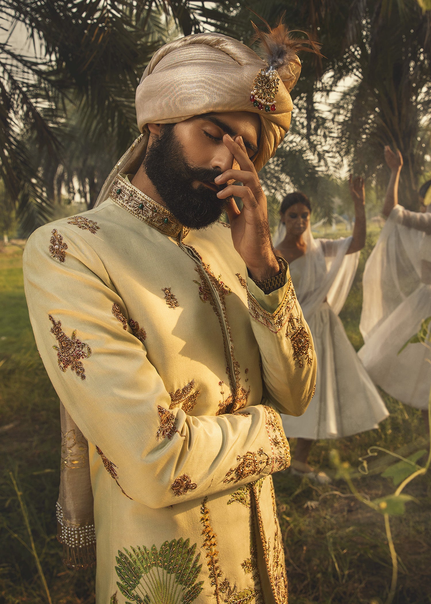 Pastel Green Aari Zardozi Cotton Prince Coat (3-Piece) - Image 5