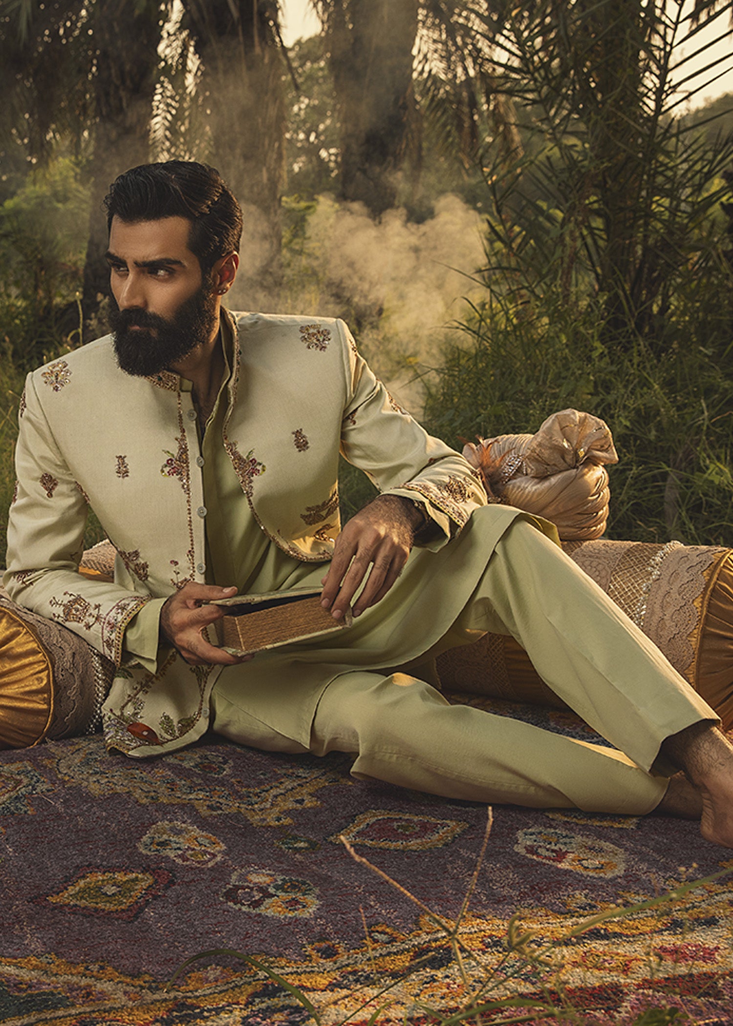 Pastel Green Aari Zardozi Cotton Prince Coat (3-Piece) - Image 6