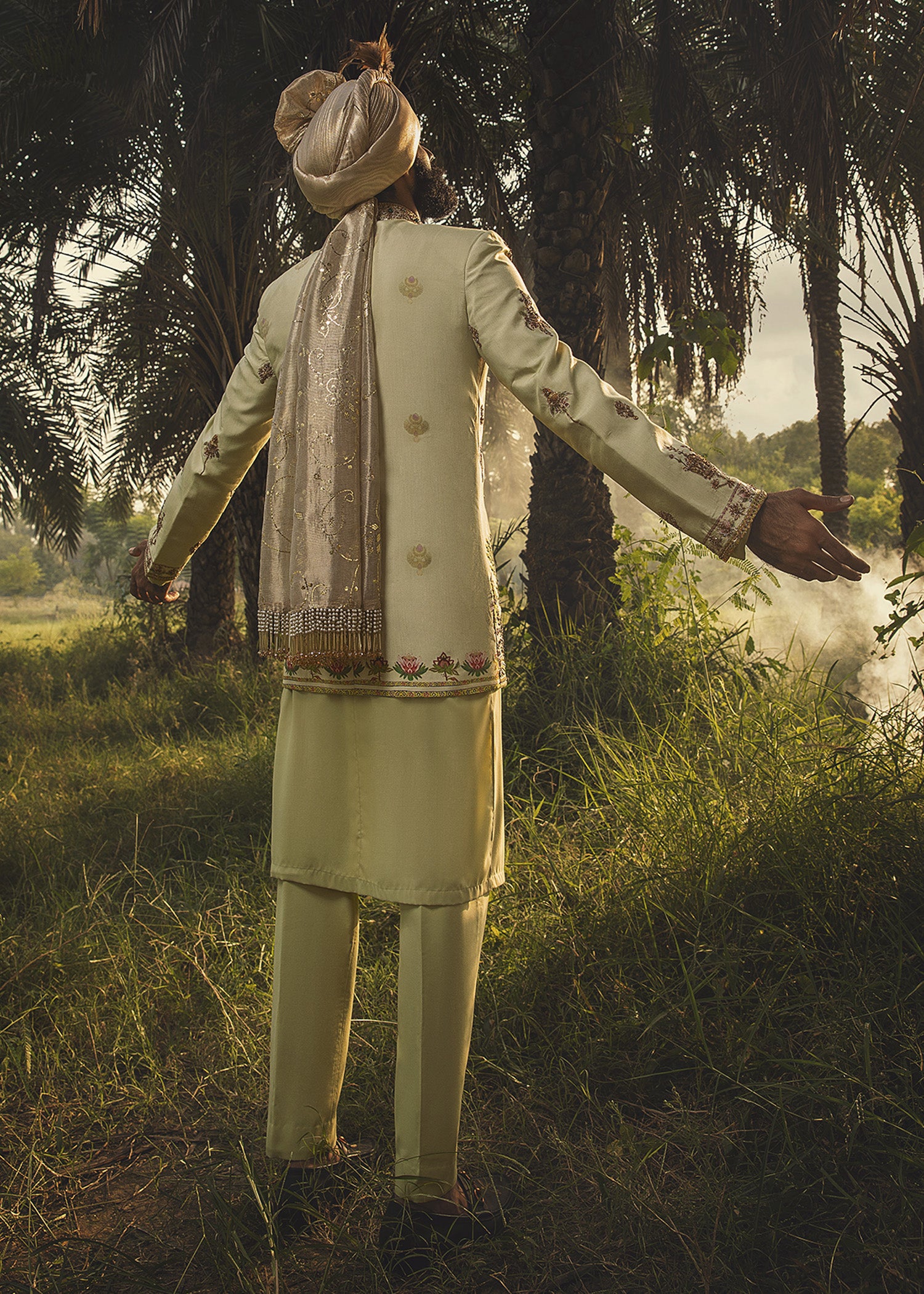 Pastel Green Aari Zardozi Cotton Prince Coat (3-Piece) - Image 7