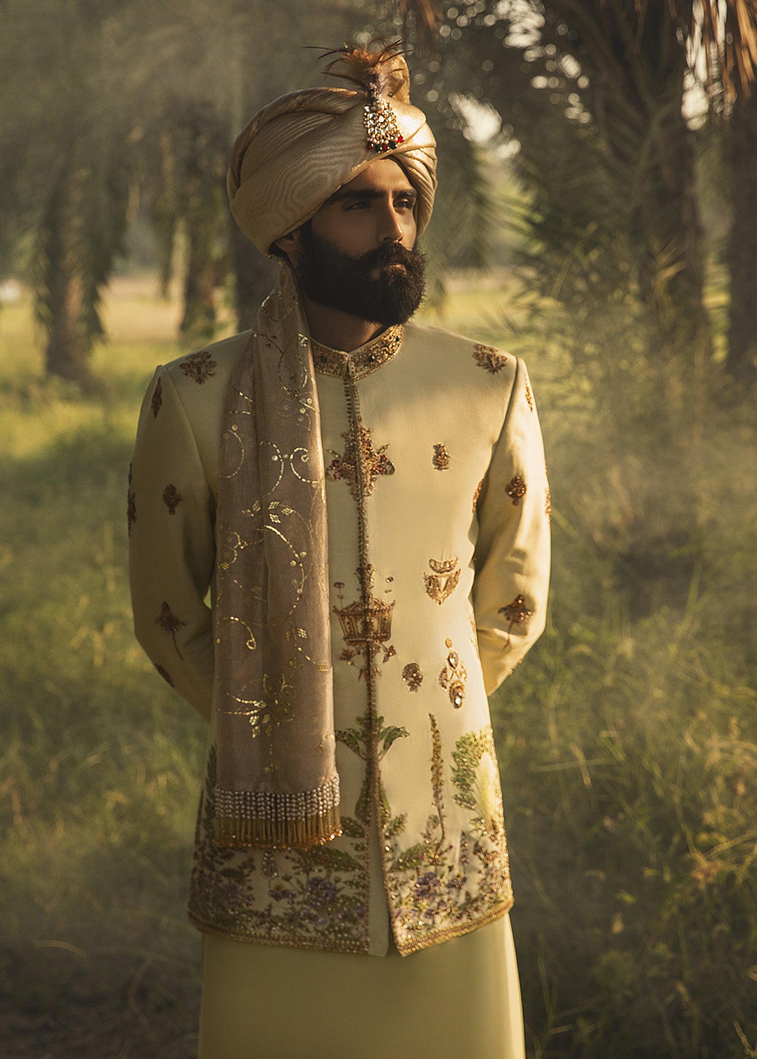 Pastel Green Aari Zardozi Cotton Prince Coat (3-Piece) - Image 8