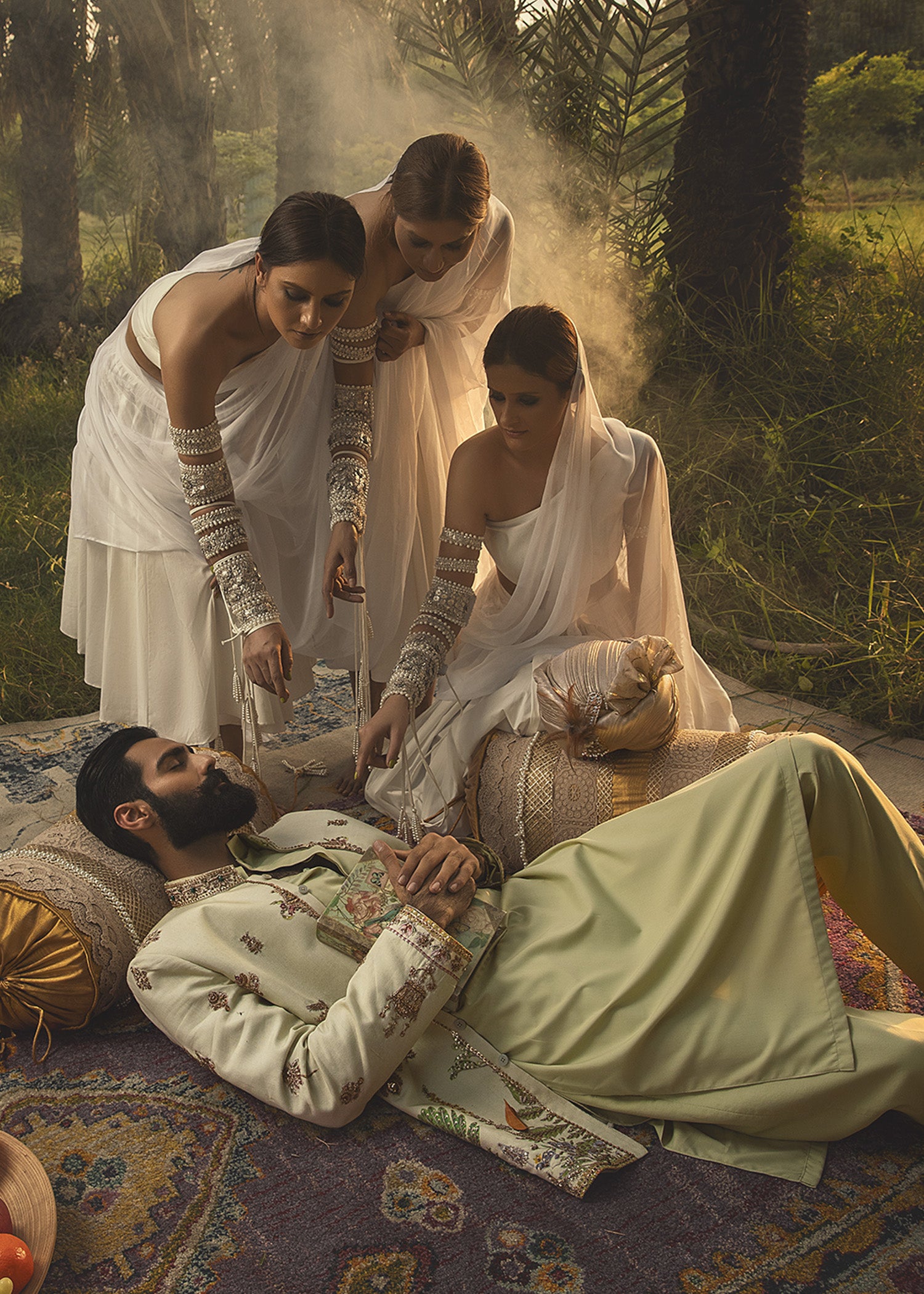 Pastel Green Aari Zardozi Cotton Prince Coat (3-Piece) - Image 9