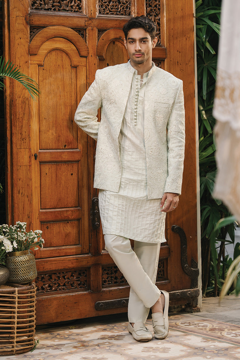 Mint Green Embroidered Cotton Silk Prince Coat (3-Piece) - Image 1