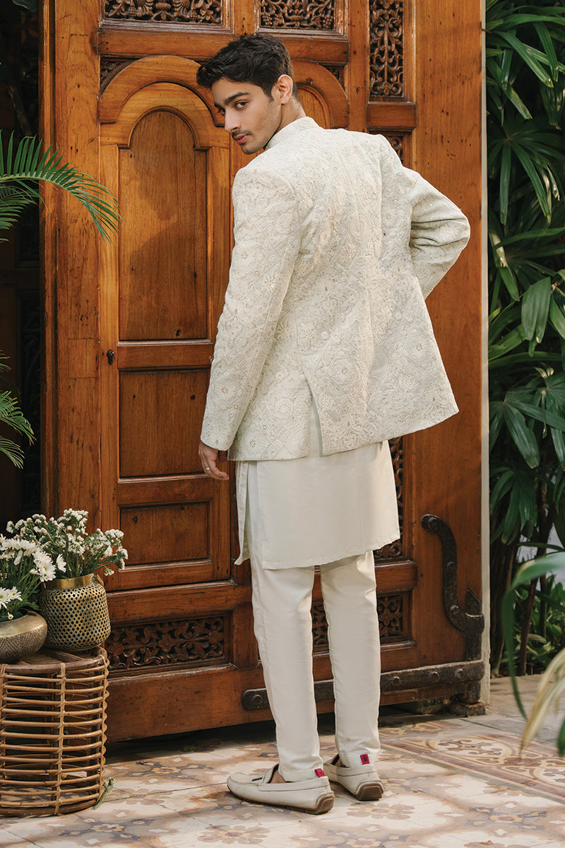 Mint Green Embroidered Cotton Silk Prince Coat (3-Piece) - Image 2