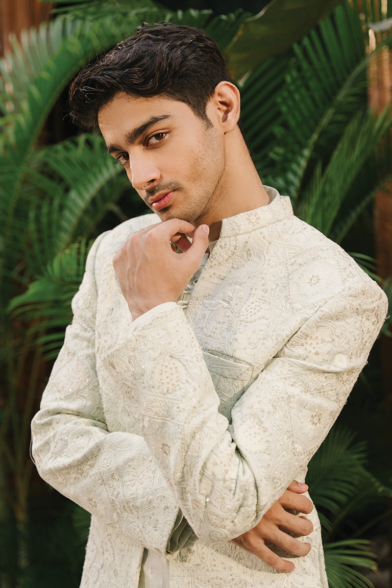 Mint Green Embroidered Cotton Silk Prince Coat (3-Piece) - Image 3