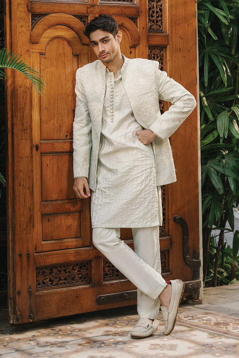 Mint Green Embroidered Cotton Silk Prince Coat (3-Piece) - Image 4