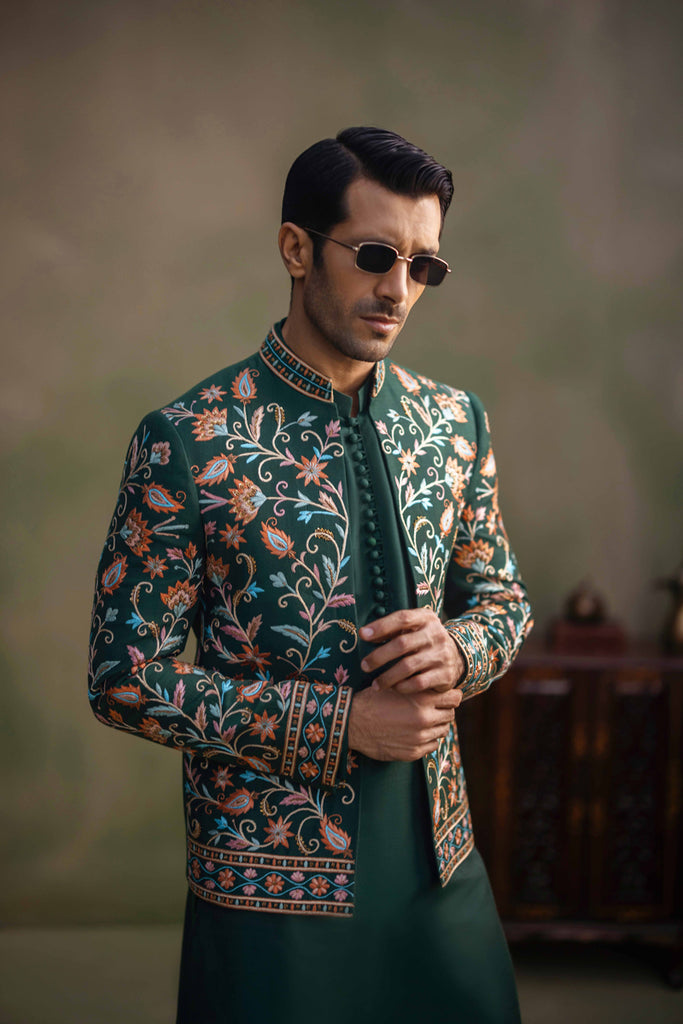 Dark Green Embroidered Cotton Silk Prince Coat (3-Piece) - Image 1